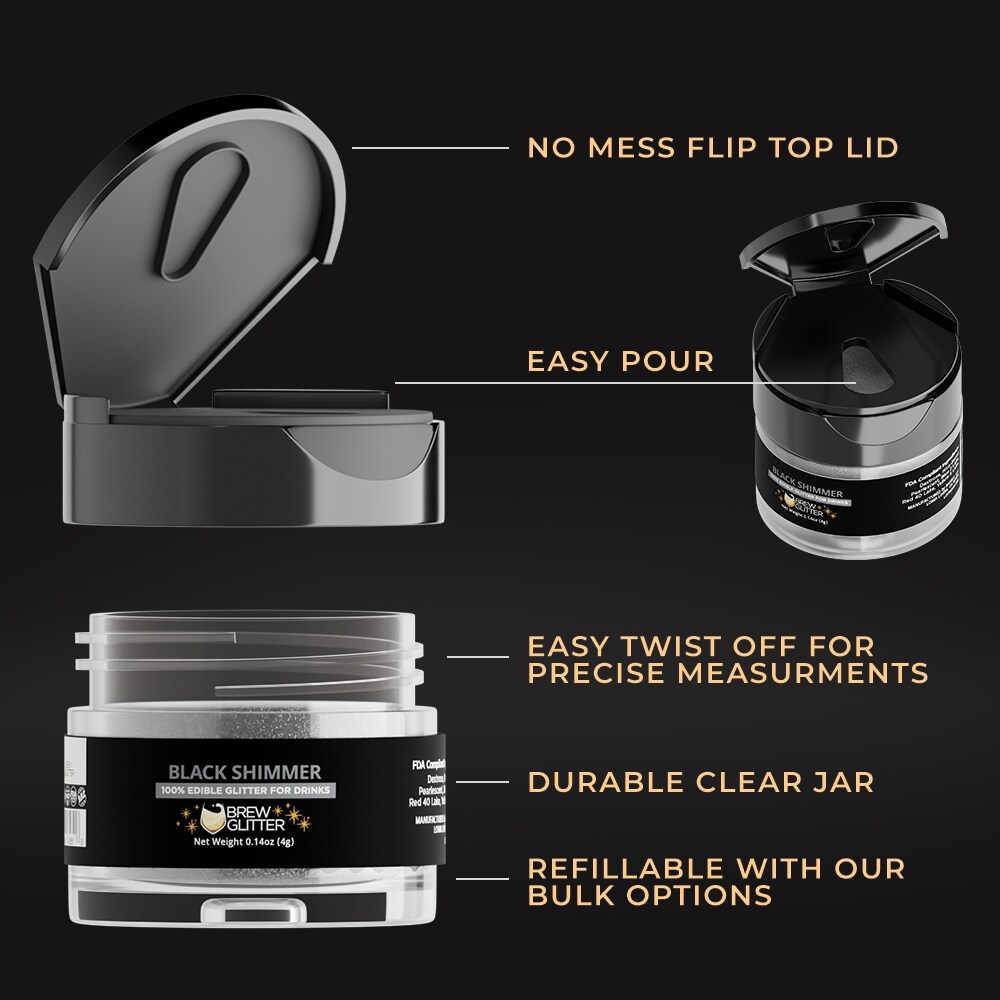 Brew Glitter - Black Shimmer Edible Drink Glitter (4g, x1 Flip-Cap Jar) for Beer, Cocktails and Beverages