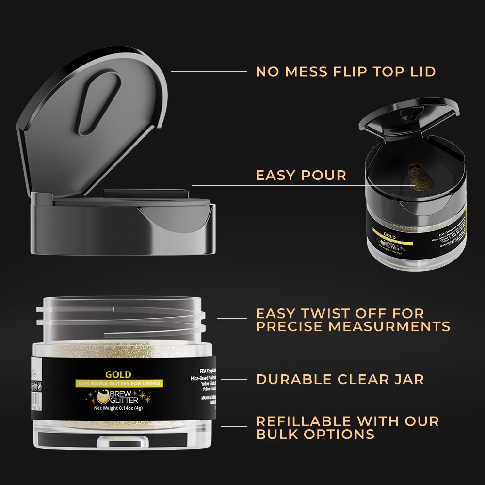 Brew Glitter - Gold Edible Drink Glitter (4g, x1 Flip-Cap Jar) for Beer, Cocktails and Beverages