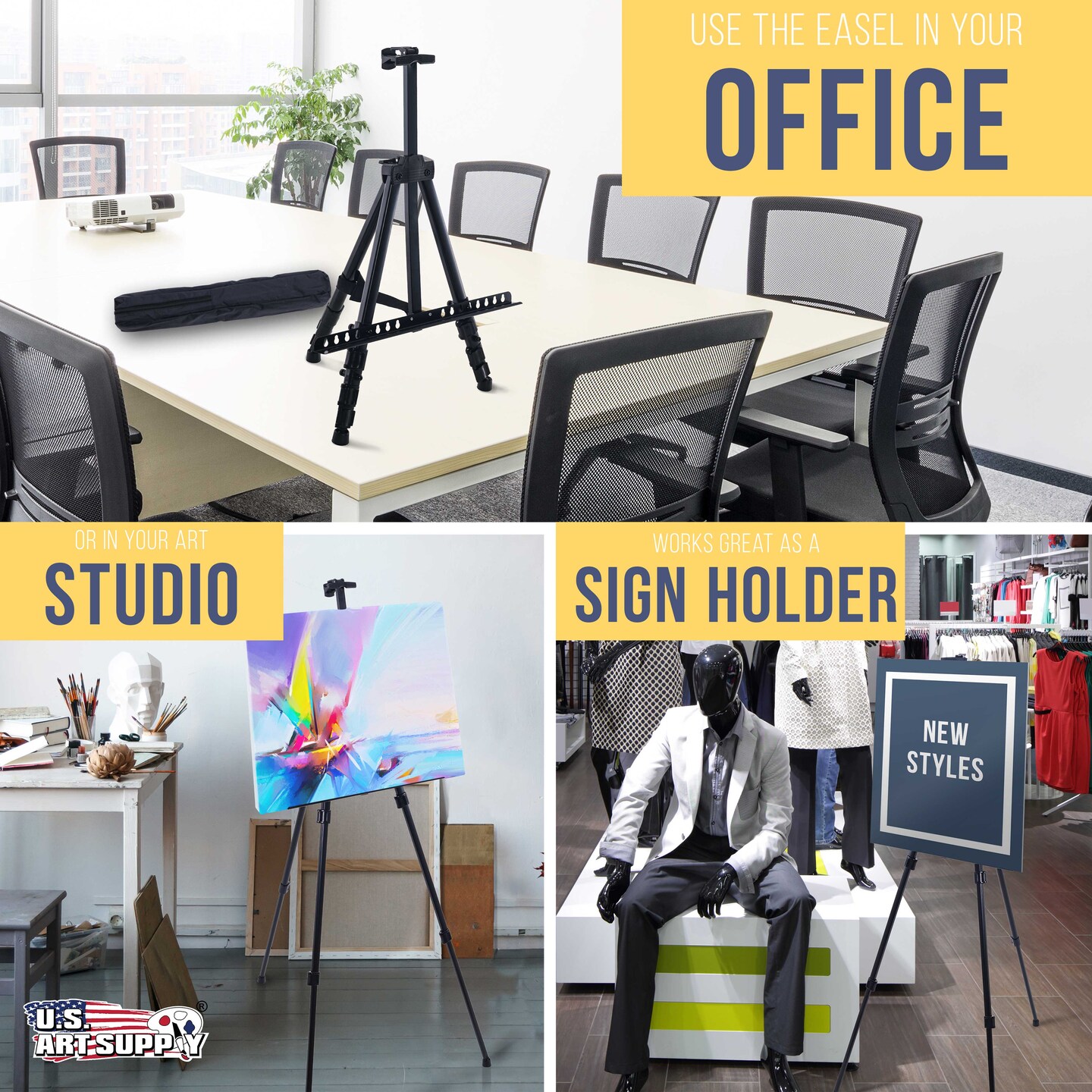 66&#x22; Black Metal Tripod Easel Display (4 Pack) - Adjustable 20&#x22;- 5.5&#x27;, Holds 32&#x22; Canvas - Floor/Tabletop Easel Stand, For Sign Display, Painting, Poster Board, Canvas - Portable Bag