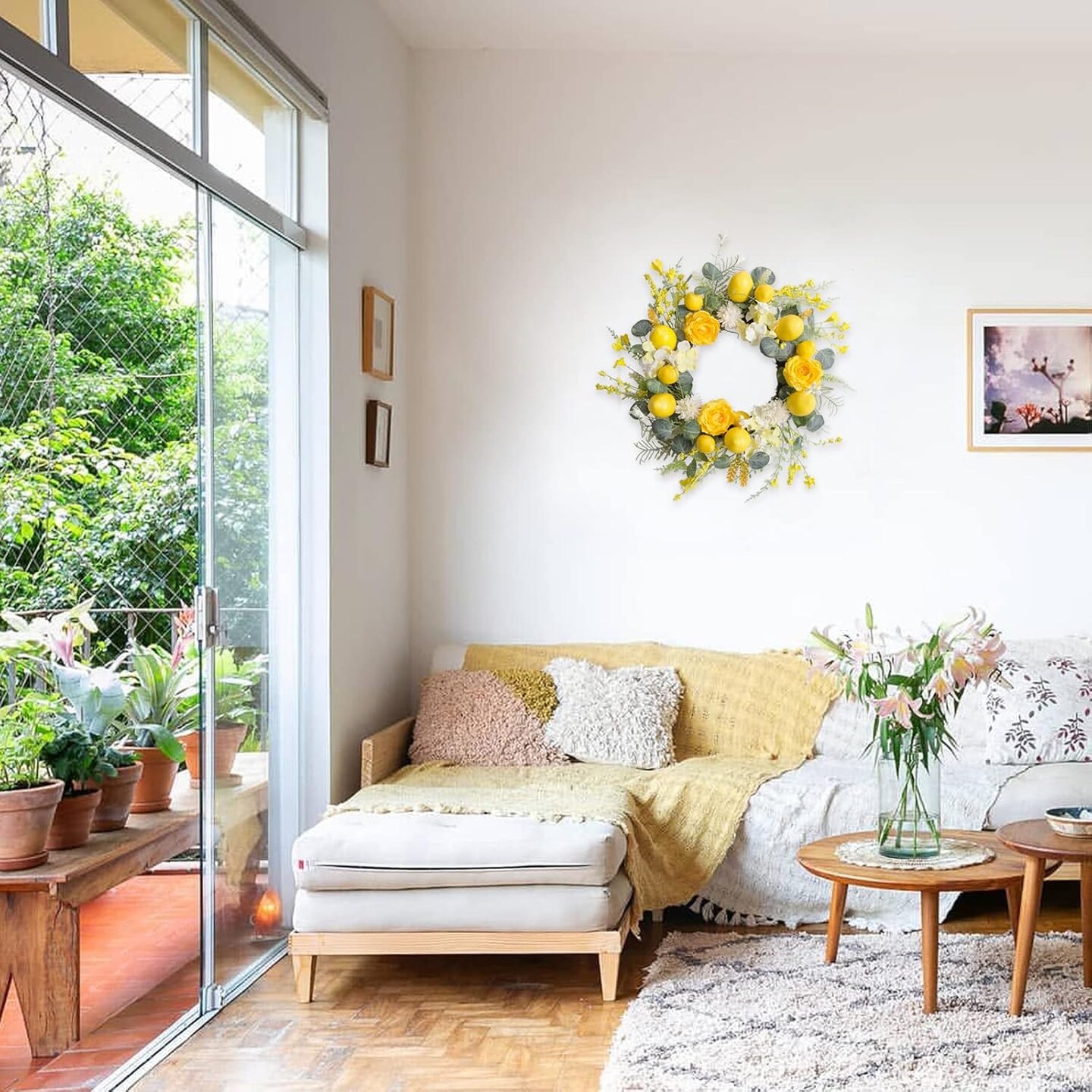 Summer 18 Inch Yellow Lemon Roses Wreath for Front Door, Eucalyptus Leaves with Hydrangea and Forsythia Flowers, Rustic Farmhouse Indoor and Outdoor Door Wreath for Home Decor