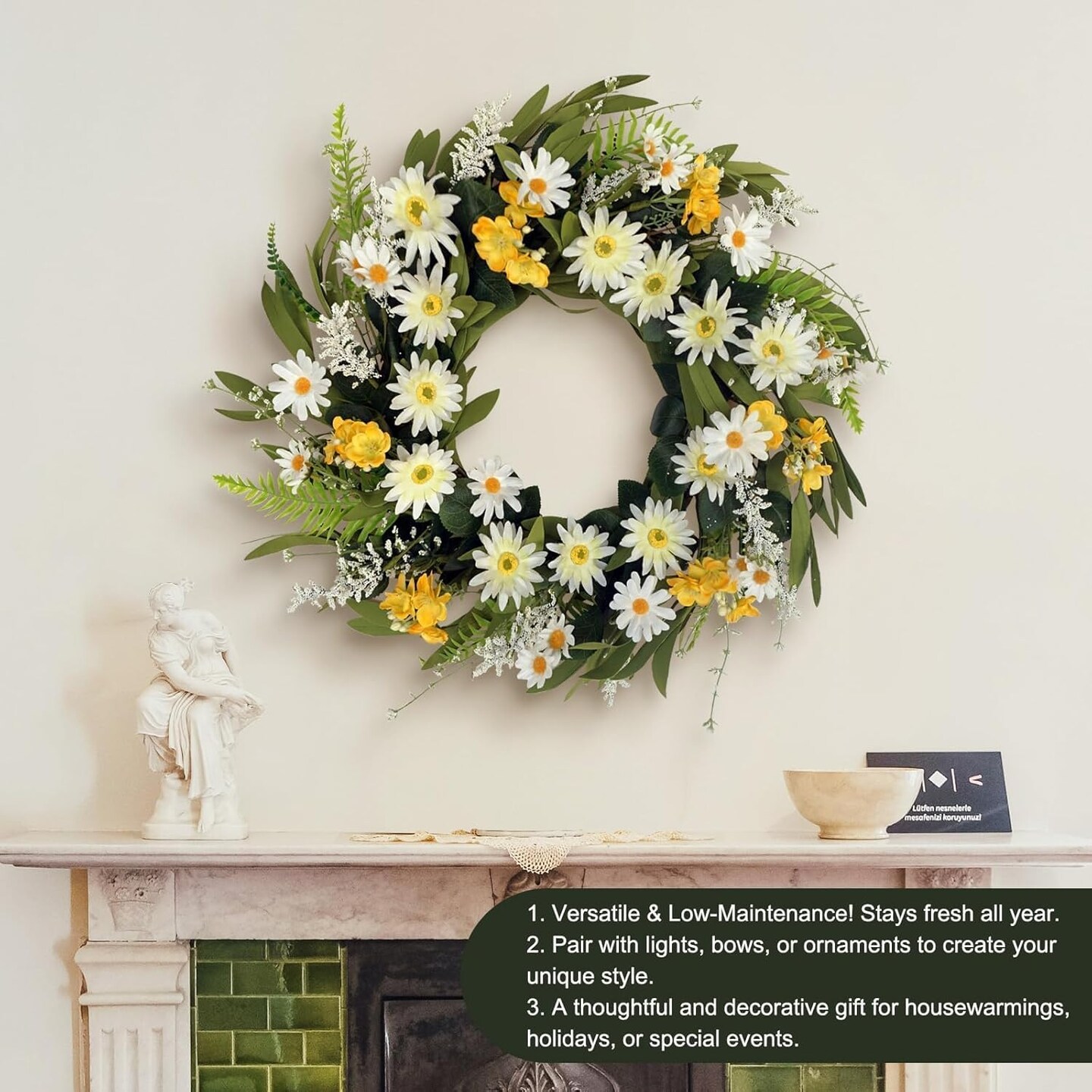 Summer Floral Wreath for Front Door, 20 Inch Artificial Wreath with Daisy Flowers, Floral Wreath for Porch, Window, Outdoor and Indoor Wall Decor, Farmhouse Home Decoration"