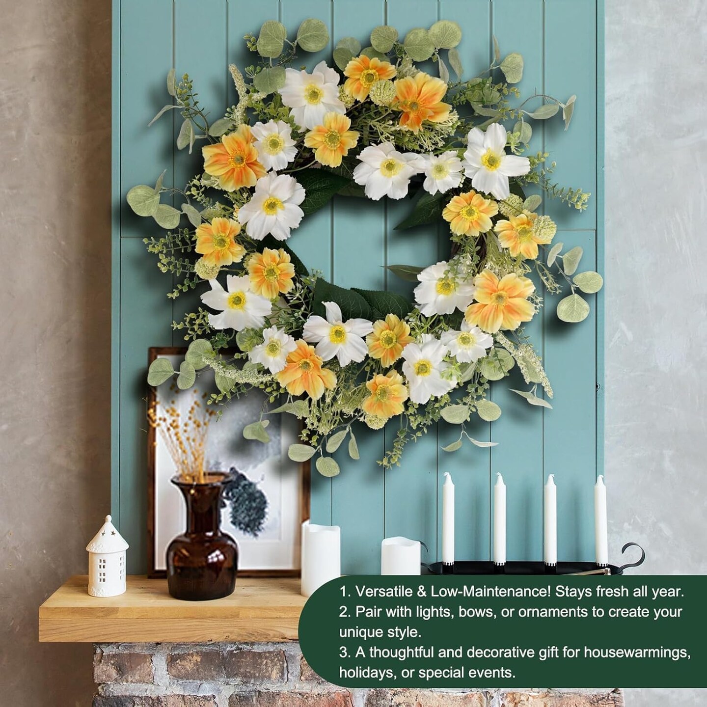 Yellow Summer Floral Arrangement Wreath for Front Door, 20 Inch Artificial Wreath with Cosmos and Daisy Flowers, Tropical Wreath for Porch, Wall, and Window Home Decor"