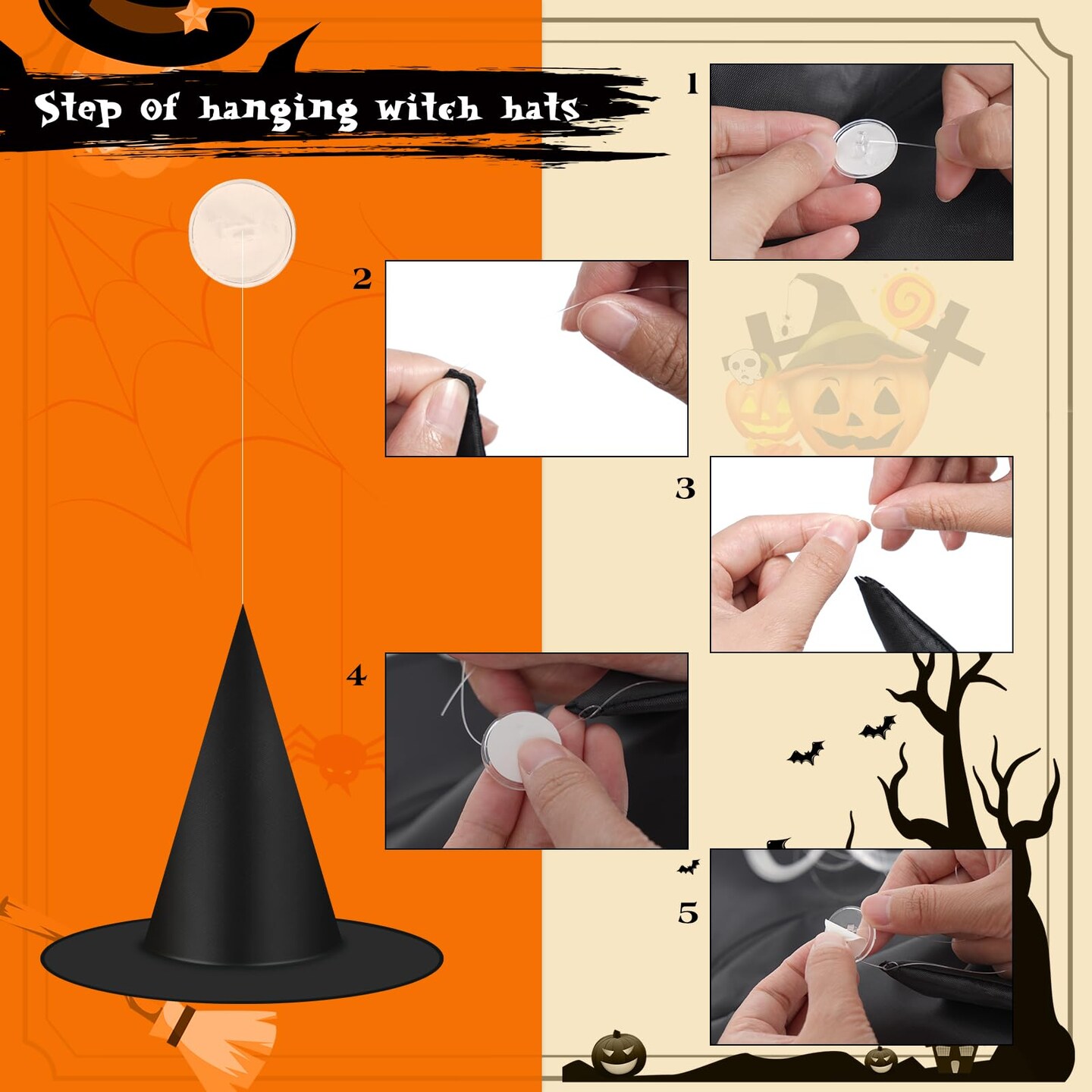 12pcs Halloween Black Witch Hats Decorations, Thickened Hanging Wizard Hats Bulk Costume Accessory, Floating Witch Hat with Rope and Hooks for Porch Yard Indoor Outdoor Halloween Decor Party Favors