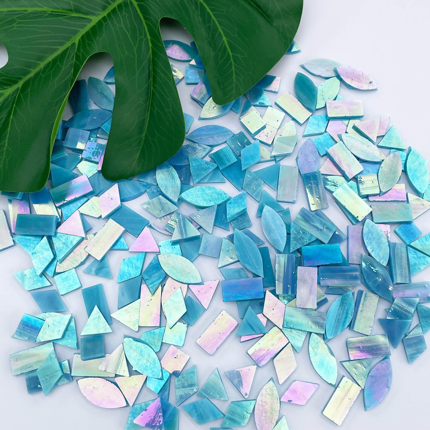 LITMIND Iridescent SkyBlue Stained Glass Mosaic Tiles for Crafts - 240 Pieces, 5 Shapes Mixed (Rectangle, Triangle, Rhombus, Square, Leaf) - Ideal for Mosaic Making Projects and Beginners