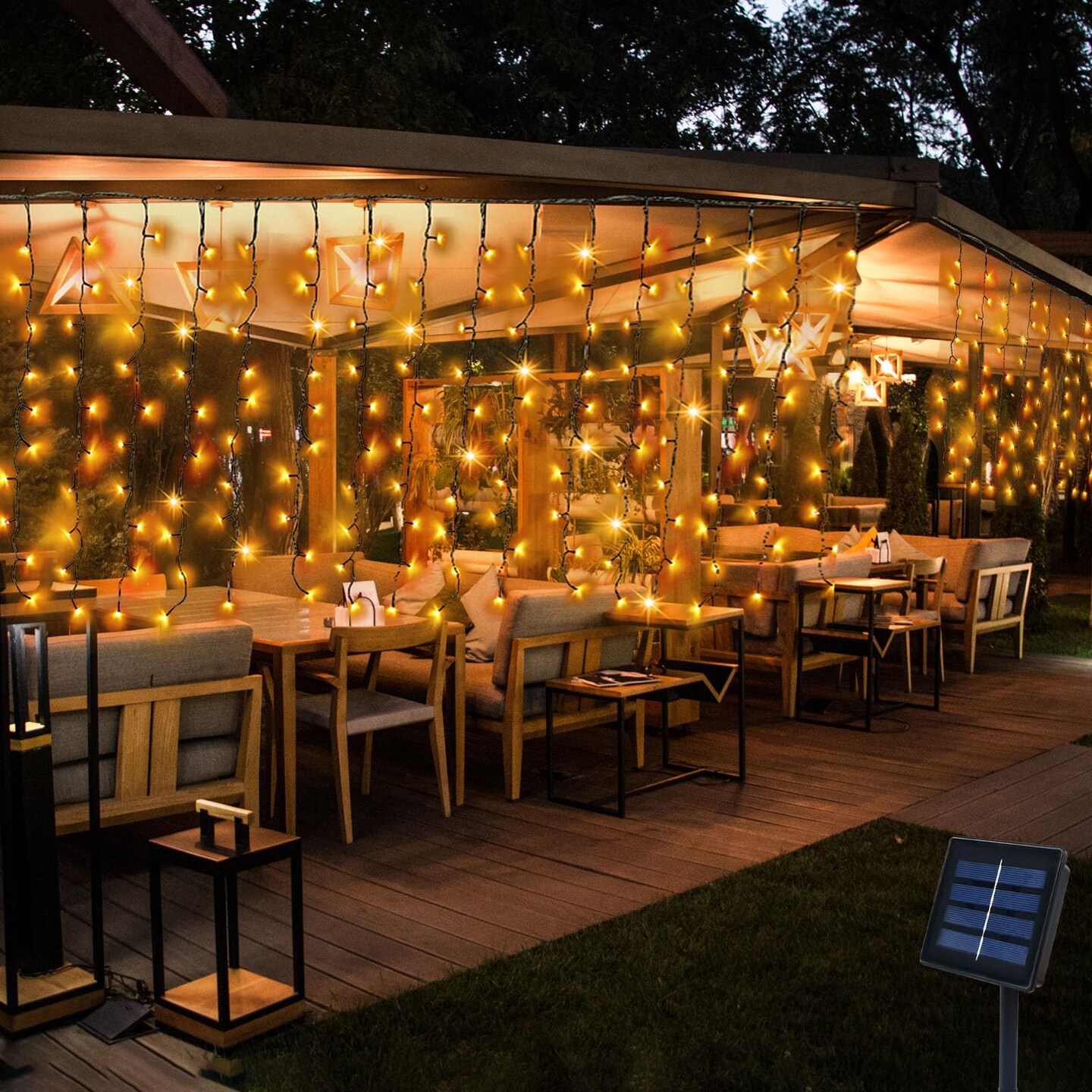 DBFAIRY Solar Curtain Lights,13ft x 3.3ft 200 LED Outdoor Solar Curtain Lights Waterproof Green Wire with 8 Mode for Garden Handrail Railing Eaves Wall Decoration -Warm White