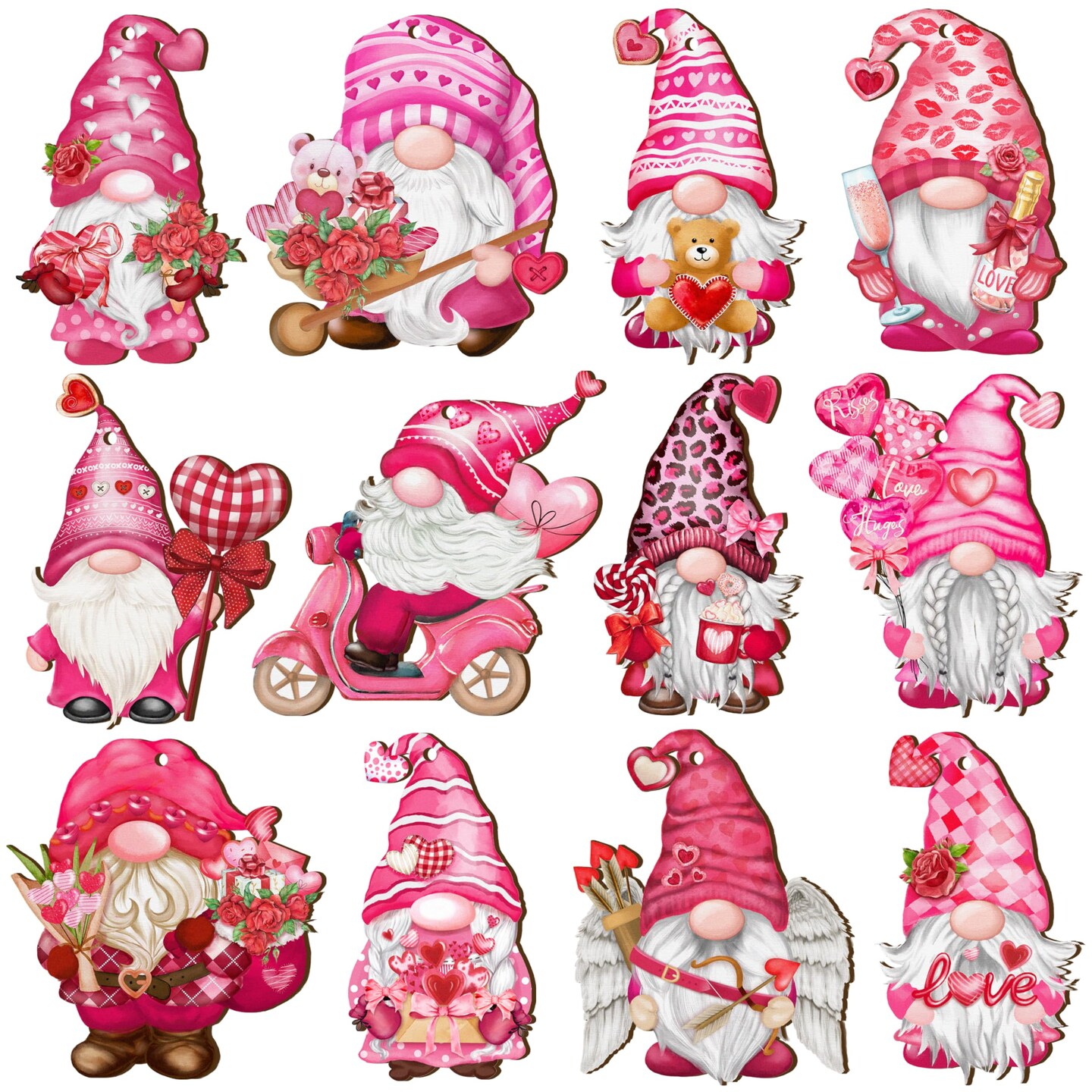 JOPHMO Valentine Wooden Hanging Ornaments, Wood Decor for Tree Decoration, Santa Doll Craft, Gnome Elf Party Supplies (Valentine-Gnomes-A)