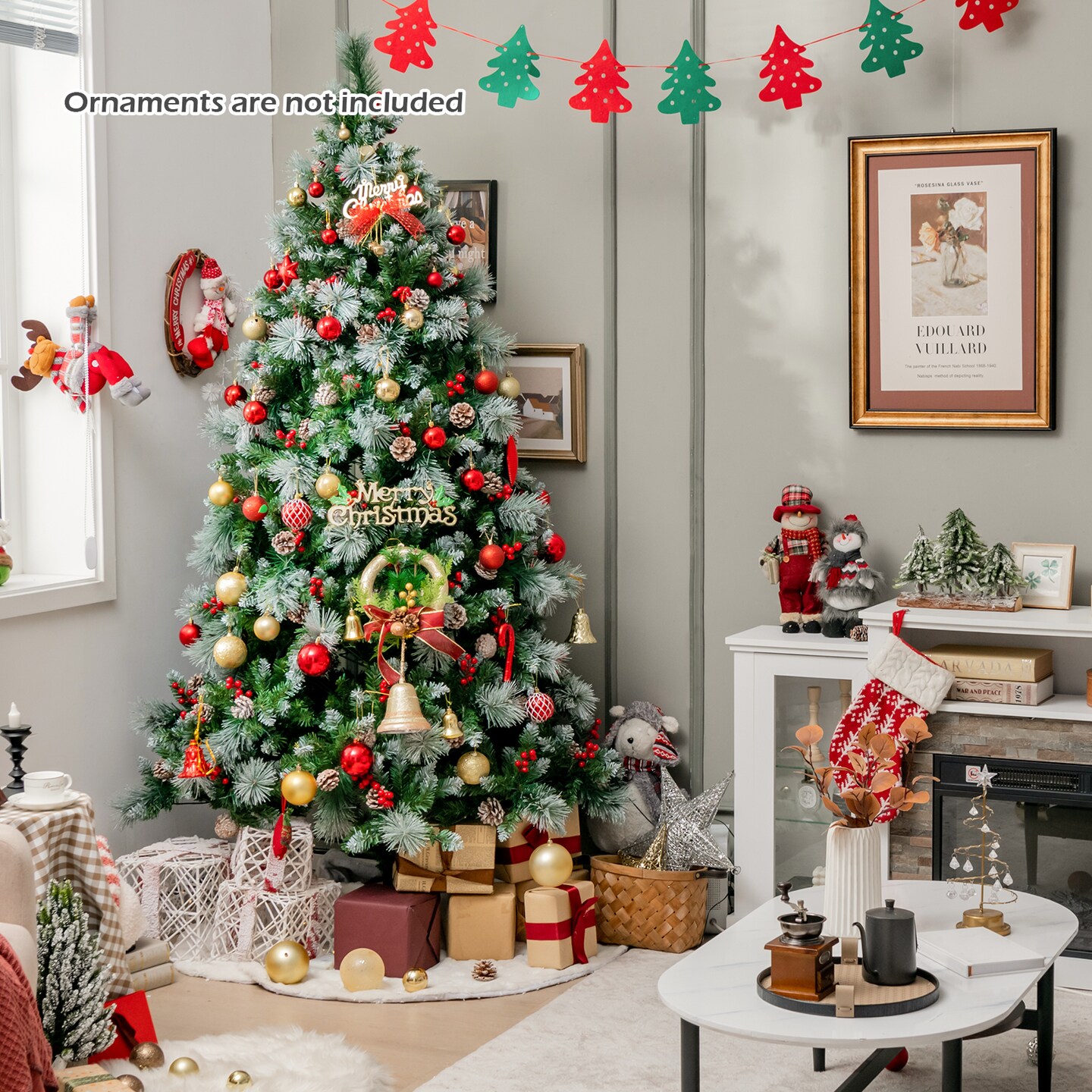 Green 7ft Artificial Christmas Tree with LED Lights, Pine Cones and Red Berries