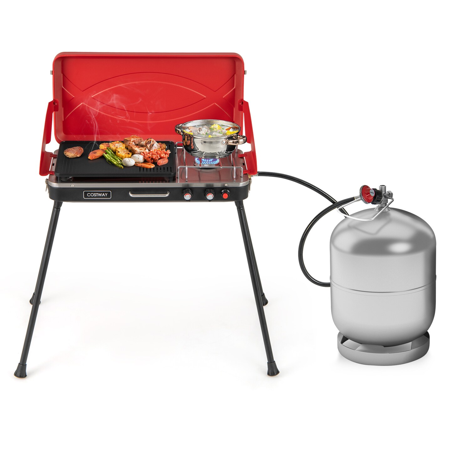 Red Metal 2-in-1 Portable Gas Grill with Stove Burner and Folding Legs