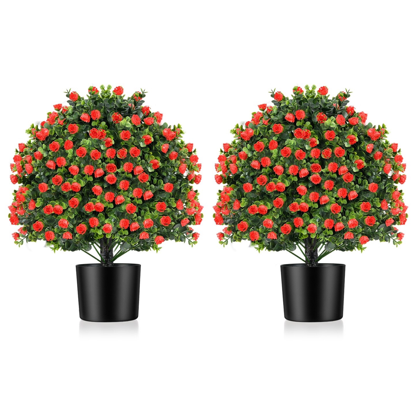Red Artificial Rose Topiary Ball Plants Set of 2 with Cement Pots and UV-Resistant