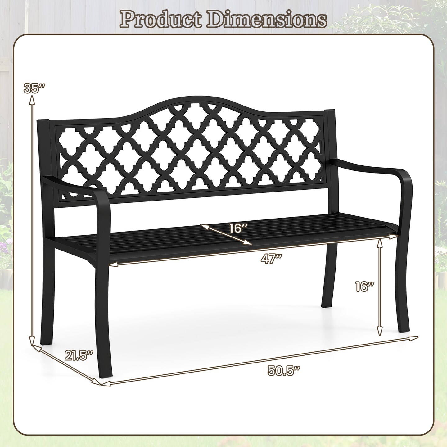 Outdoor Patio Bench for 2-3 People with Curved Armrests and Backrest