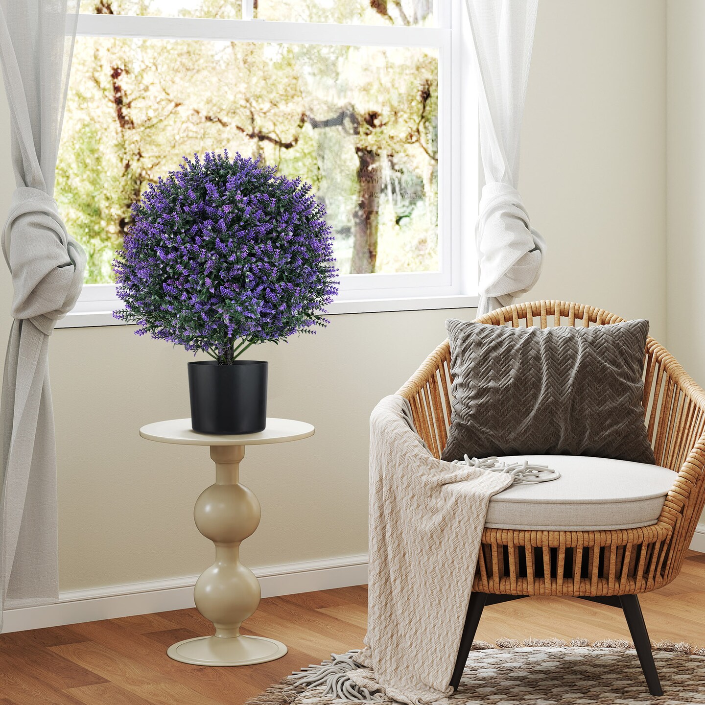 Lavender Artificial Topiary Ball Plants Set of 2 with Cement Pots and Weatherproof