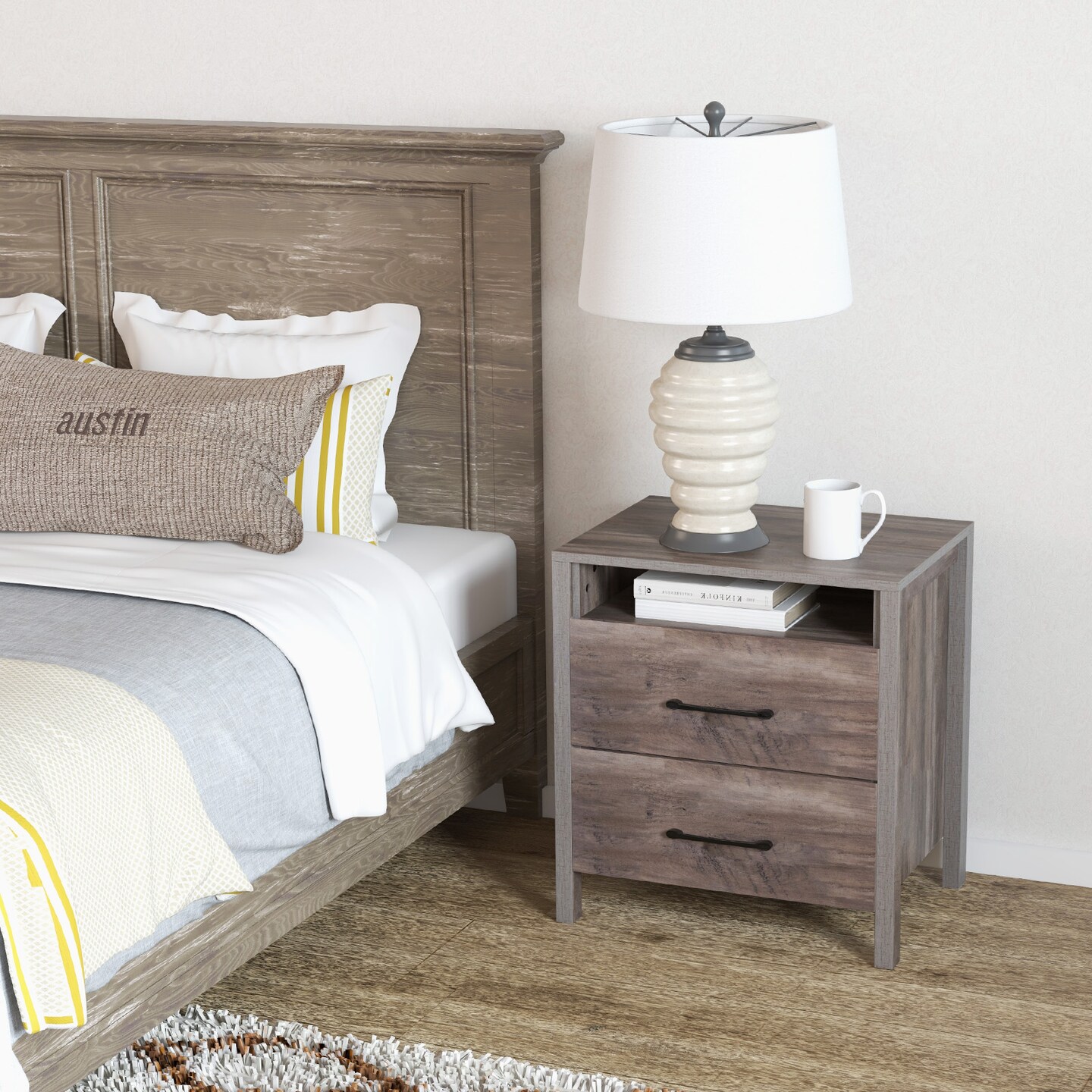 Grey Engineered Wood Farmhouse Nightstand with Dual Drawers and Open Shelf