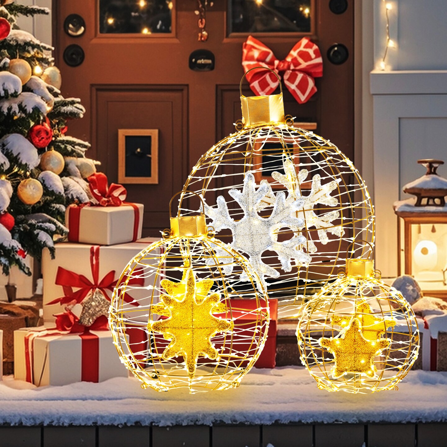 Gold Pre Lit Christmas Lantern Balls Set of 3 with LED Lights and Hooks
