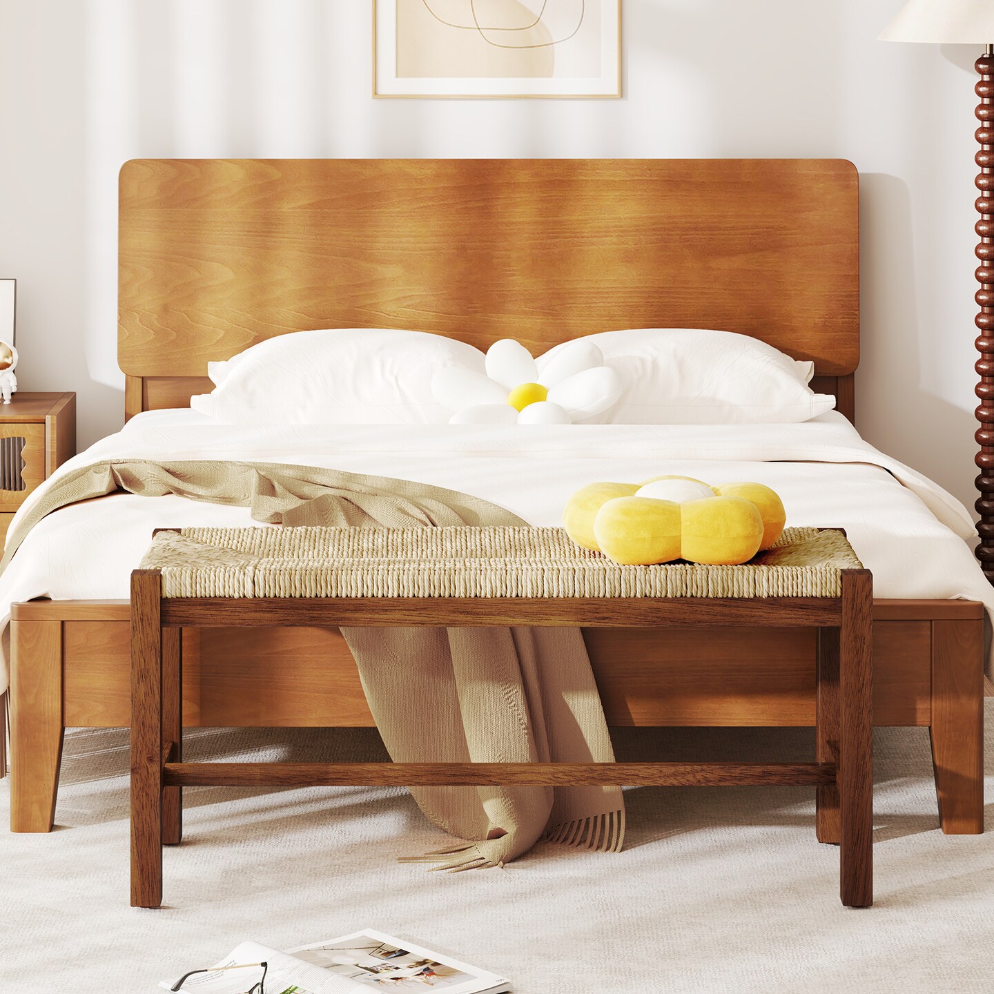 Natural Wood Dining Bench with Seagrass Seat and Sturdy Rubber Wood Frame for Kitchen or Entryway