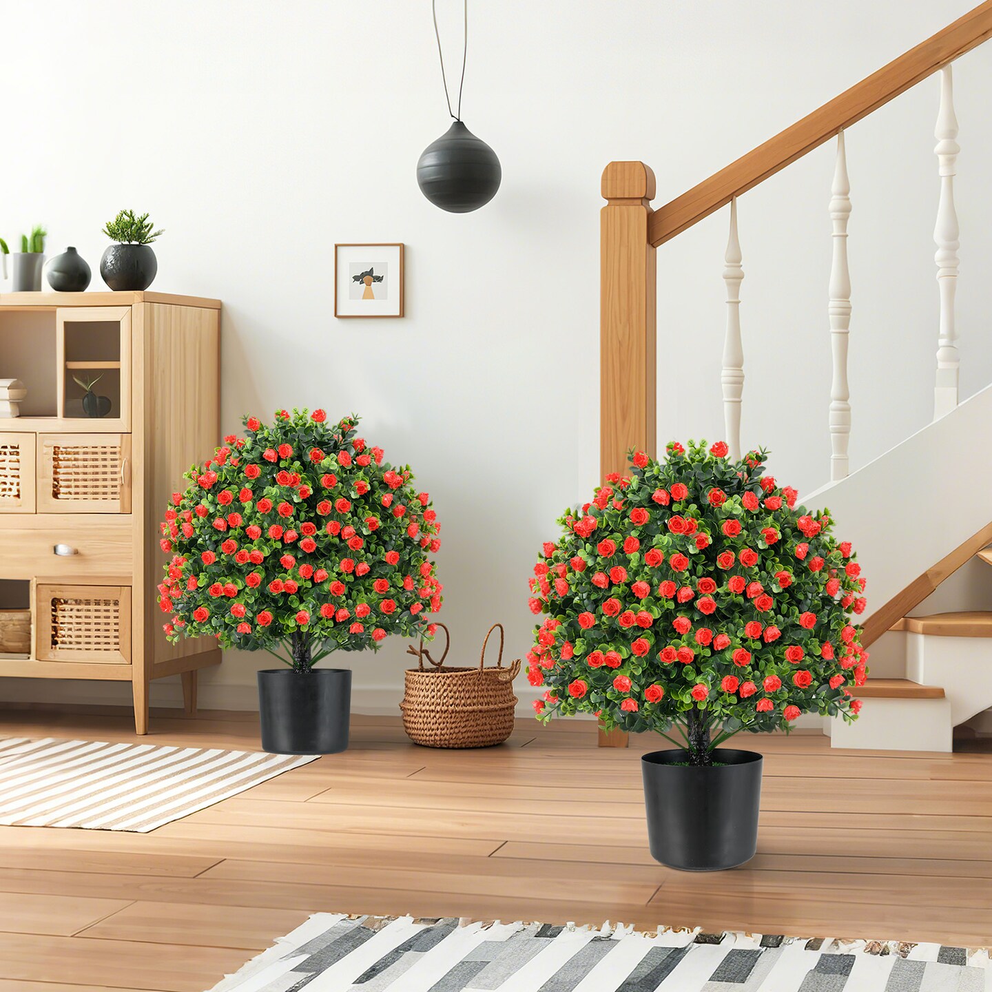Red Artificial Rose Topiary Ball Plants Set of 2 with Cement Pots and UV-Resistant