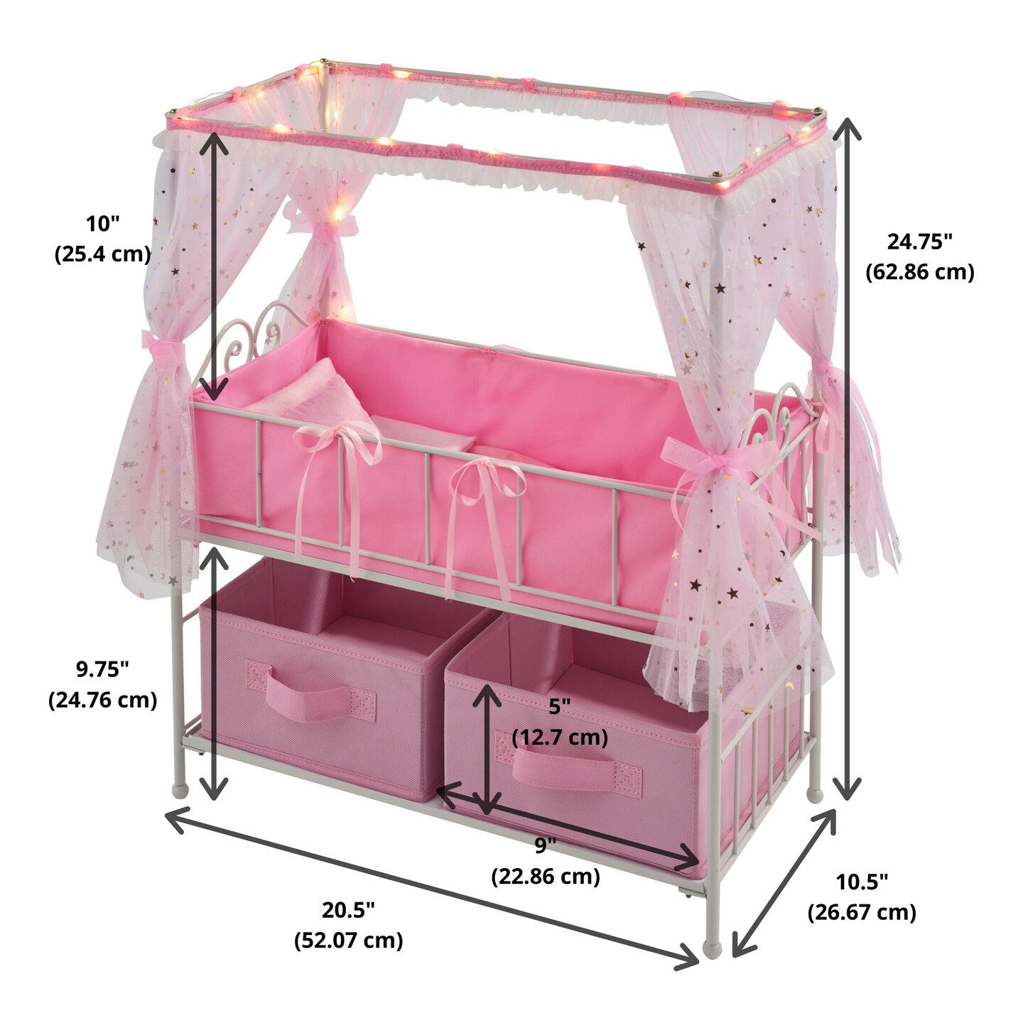 Badger Basket Starlights Metal Doll Crib with Canopy, Bedding, Storage and LED Lights - Pink/White/Stars