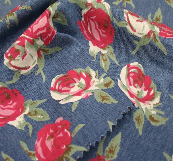 1 Yard Denim Printed Fabric Blue Pink 58/60" Wide Cotton Polyester for Apparel & Decor