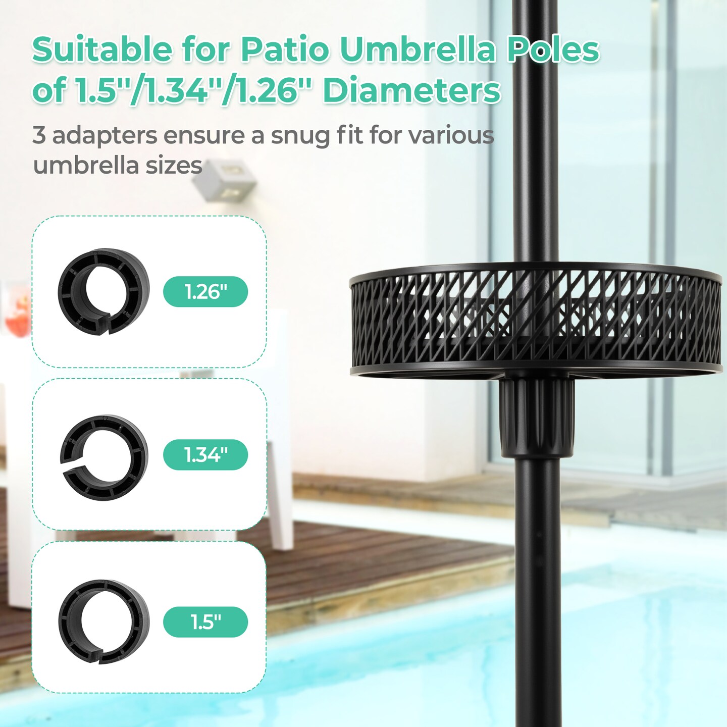 Black Patio Umbrella Table Tray with 3 Adapters for 1.26-1.5" Poles
