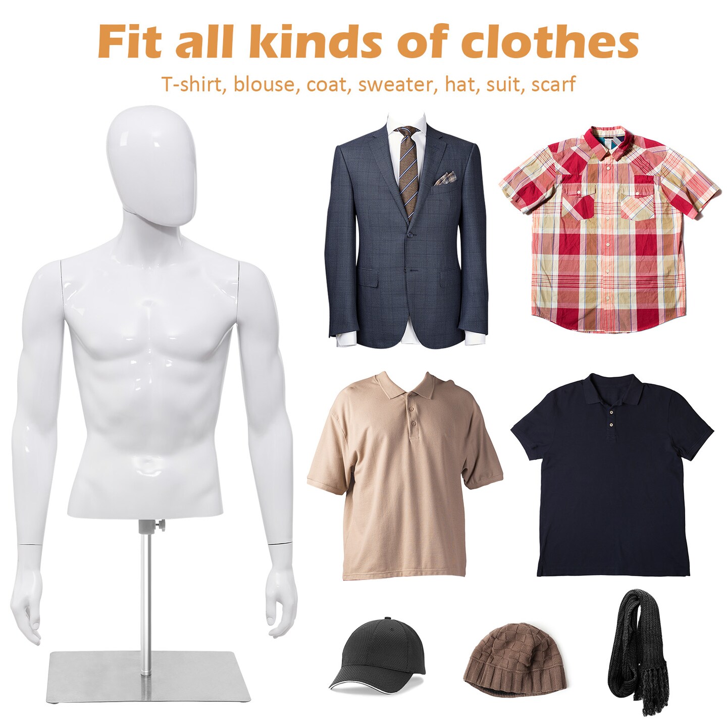 Bright White Male Mannequin with Adjustable Iron Base and Rotatable Head