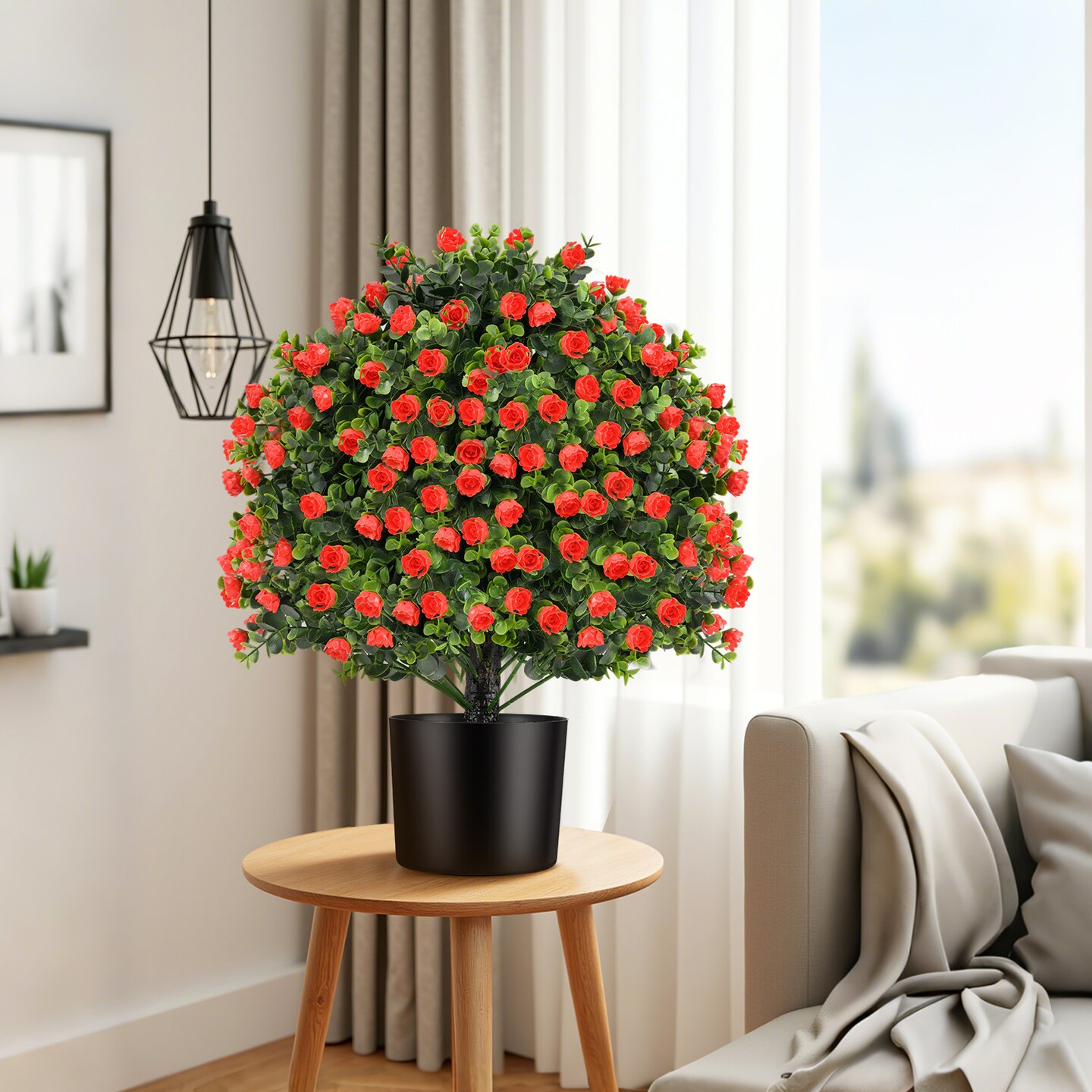 Red Artificial Rose Topiary Ball Plants Set of 2 with Cement Pots and UV-Resistant