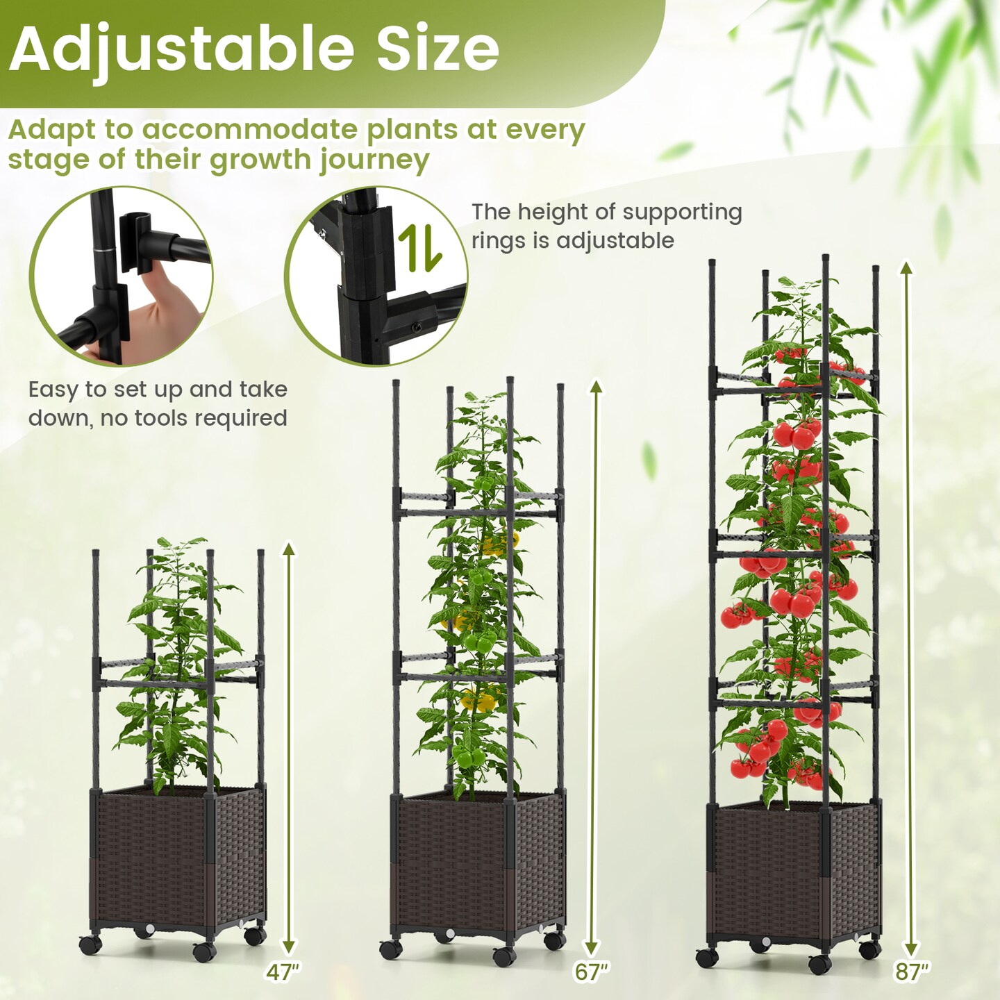 87 Inch Tall Raised Garden Bed with Trellis and Lockable Wheels for Easy Mobility