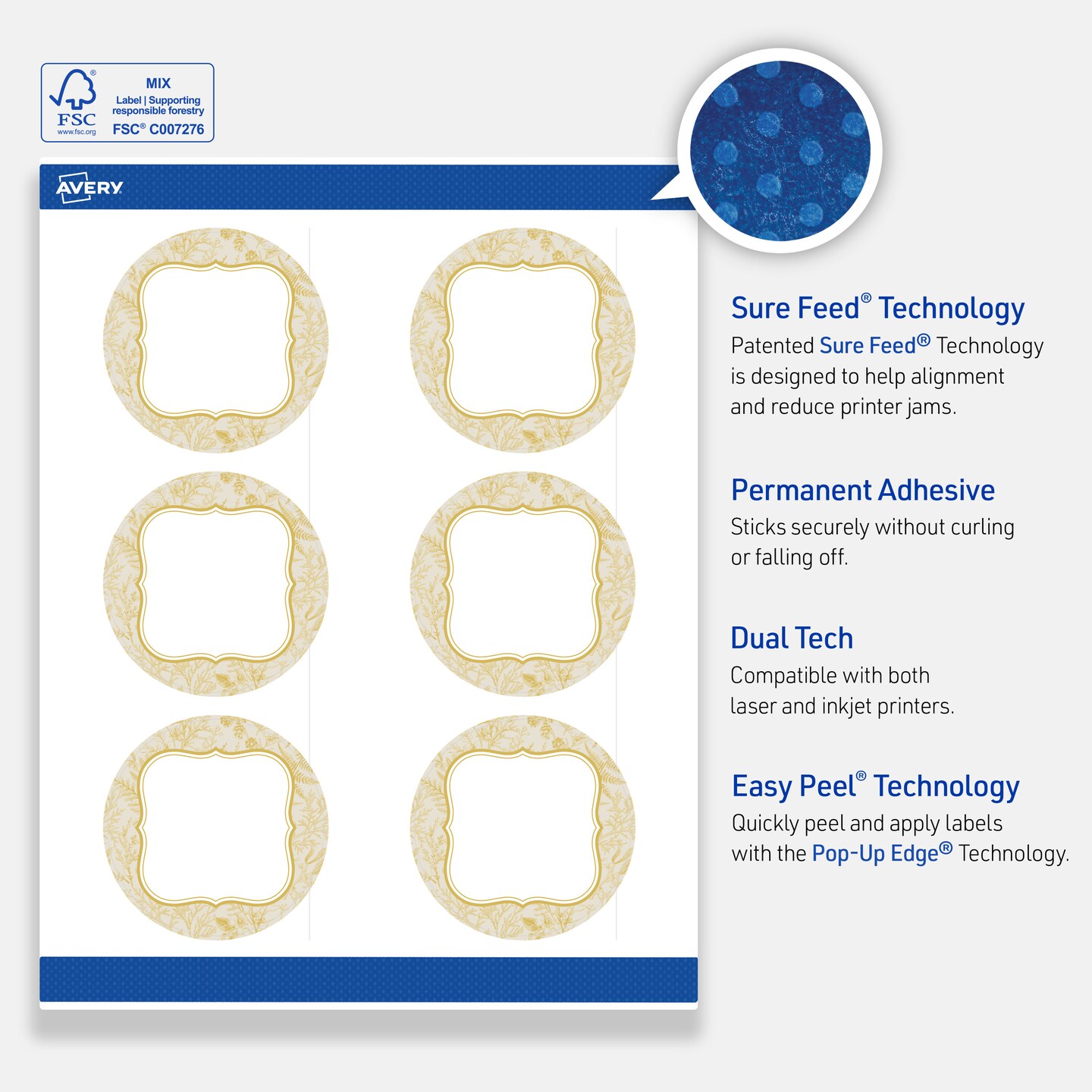 Avery Printable Round Labels with Sure Feed Technology, 3" Diameter, Pre-printed Flourished Metallic Gold Florals Design, Matte White, Laser & Inkjet Compatible, 60 Total