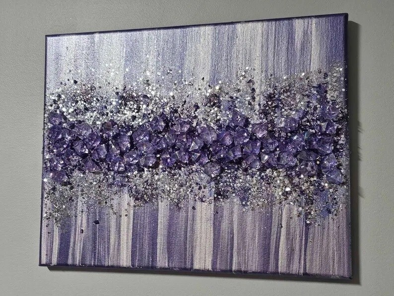 Mini Amethyst Bright Silver Aura Gem Glam, purple glass painting