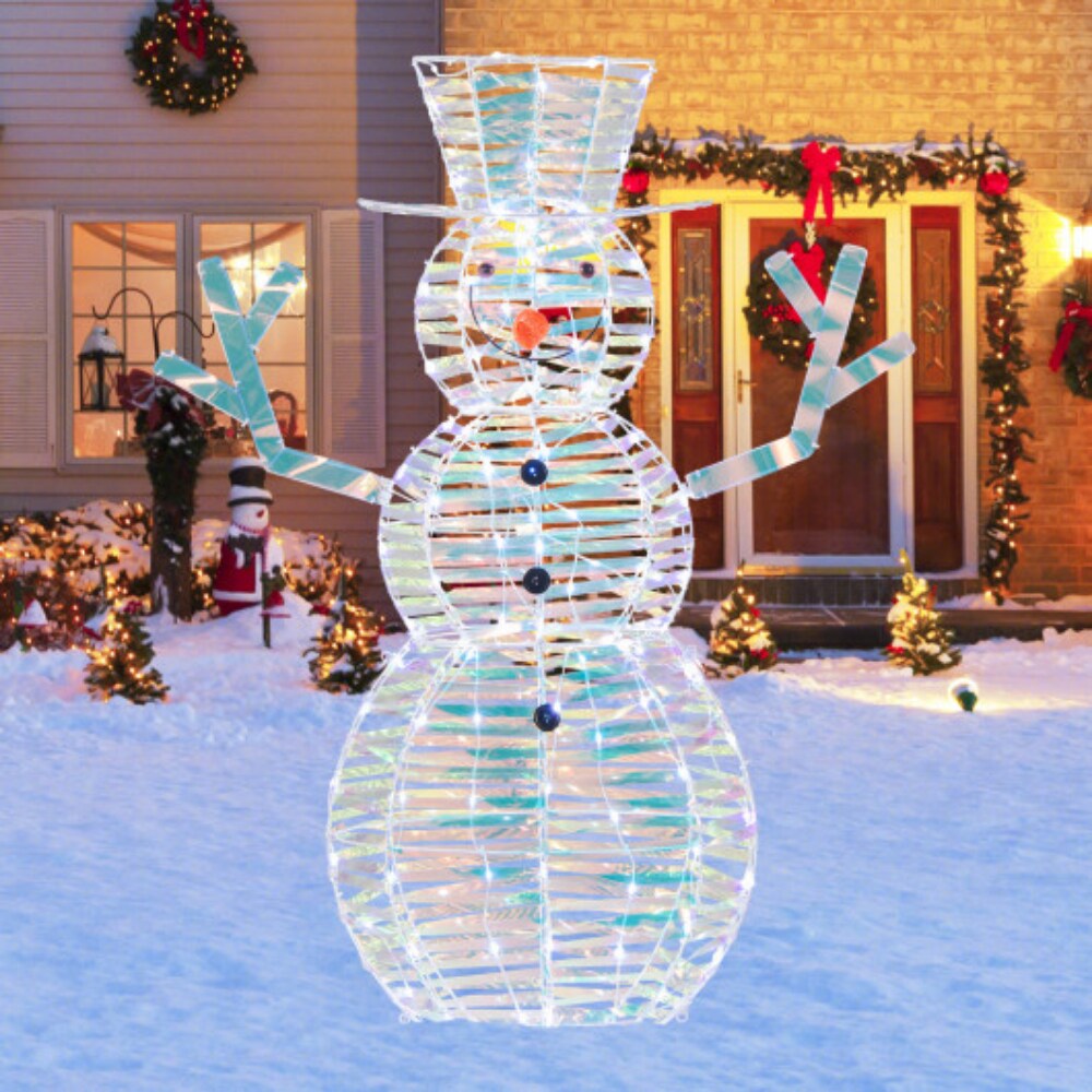 4 Feet Iridescent Christmas Snowman with White LED Lights and Ground Stakes