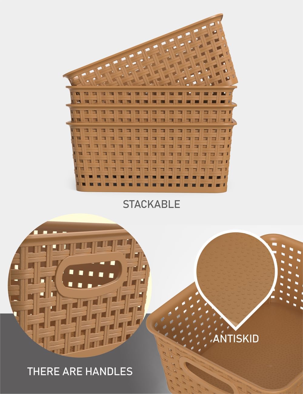 6-Pack Plastic Small Shelf Storage Weave Baskets Organizing for Cabinets and Pantries, Light Brown