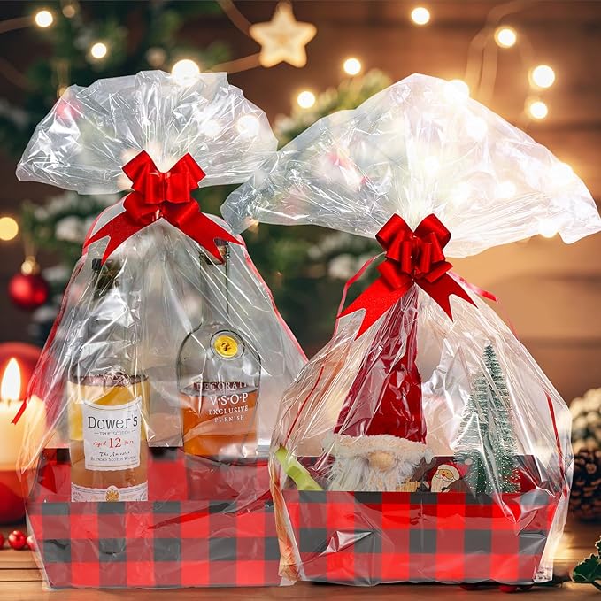 Basket Gift Set 8x10'' Gifts Baskets for Gifts Empty to Fill with Basket Empty, Basket Bags, Red Pull Bows for Christmas Holiday (Red and Black Plaid)