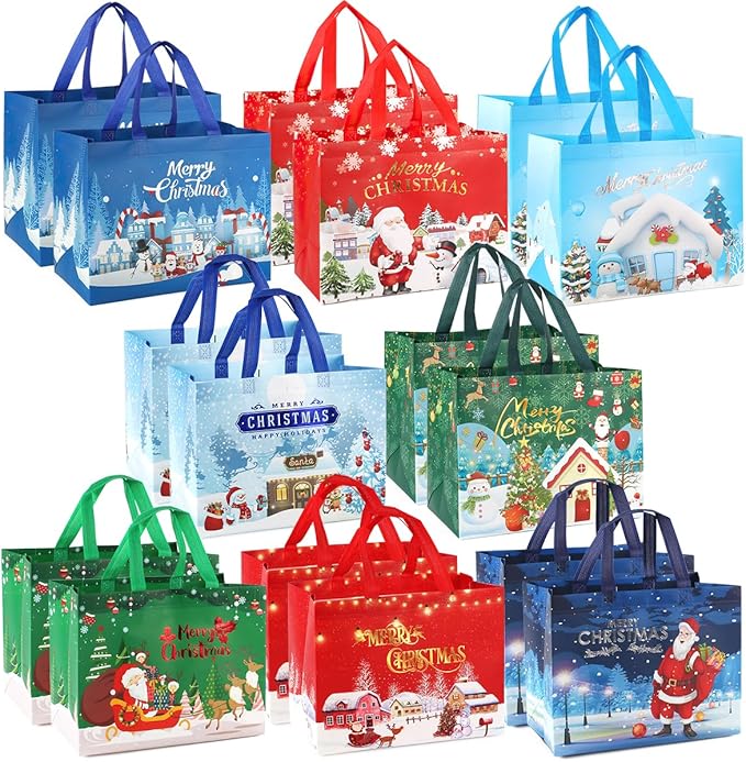 16PCS Christmas Gift Bags, Bronzing Christmas Tote Bags with Handles, Christmas Treat Bags, Multifunctional Non-Woven Bags for Gifts Wrapping Shopping, Xmas Basket Party Supplies, 12.8&#x22;&#xD7;9.8&#x22;&#xD7;6.7&#x22;