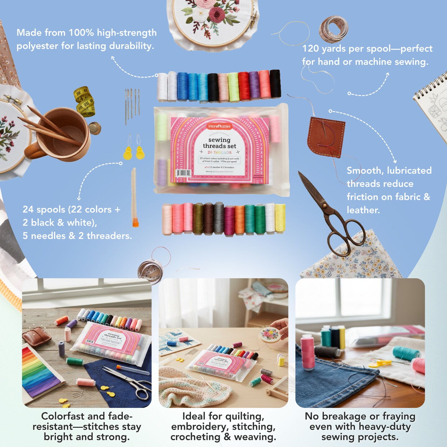 Incraftables Sewing Thread Assortment (24 Threads Set). Best Quality Polyester Thread for Sewing Machine (360ft per Spool). All Purpose Sewing Thread Kit for DIY Embroidery, Quilting &#x26; Hand Stitching