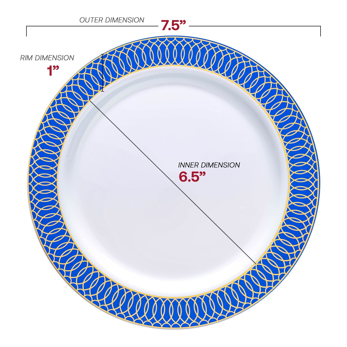 White with Gold Spiral on Blue Rim Plastic Appetizer/Salad Plates - 7.5" (120 Plates)