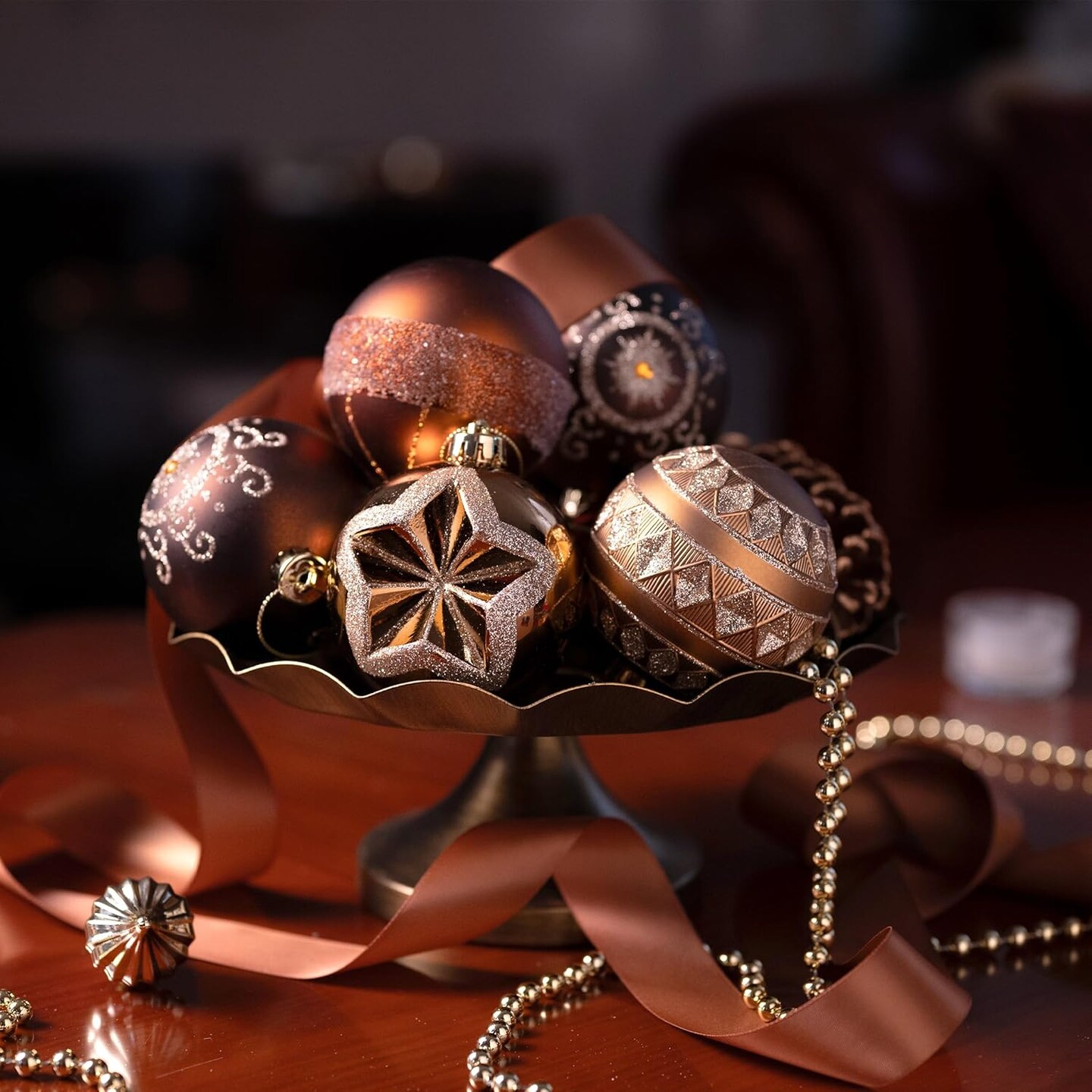 Ornaments for Christmas Tree Decorations, 16ct Bronze Copper and Gold Shatterproof Fall Christmas Tree Ornaments Set, 3.15 Inches Luxury Brown Hanging Ball Decor Bulk for Xmas