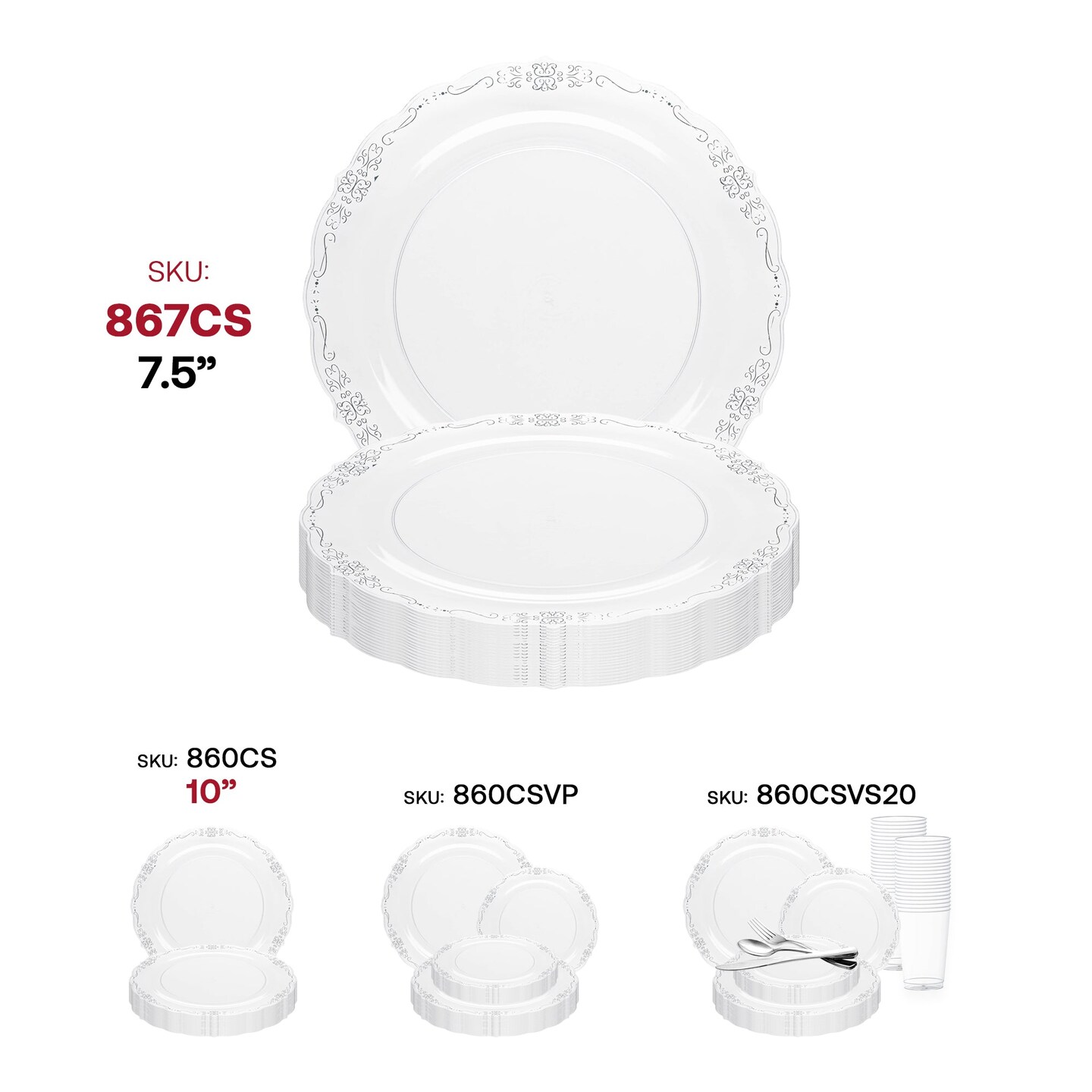 Clear with Silver Vintage Rim Round Disposable Plastic Appetizer/Salad Plates - 7.5" (120 Plates)