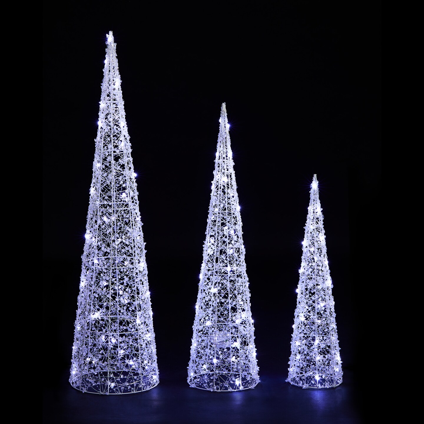 Set of 3 Lighted Christmas Crystal White Cone Tree with 130 White LED Lights