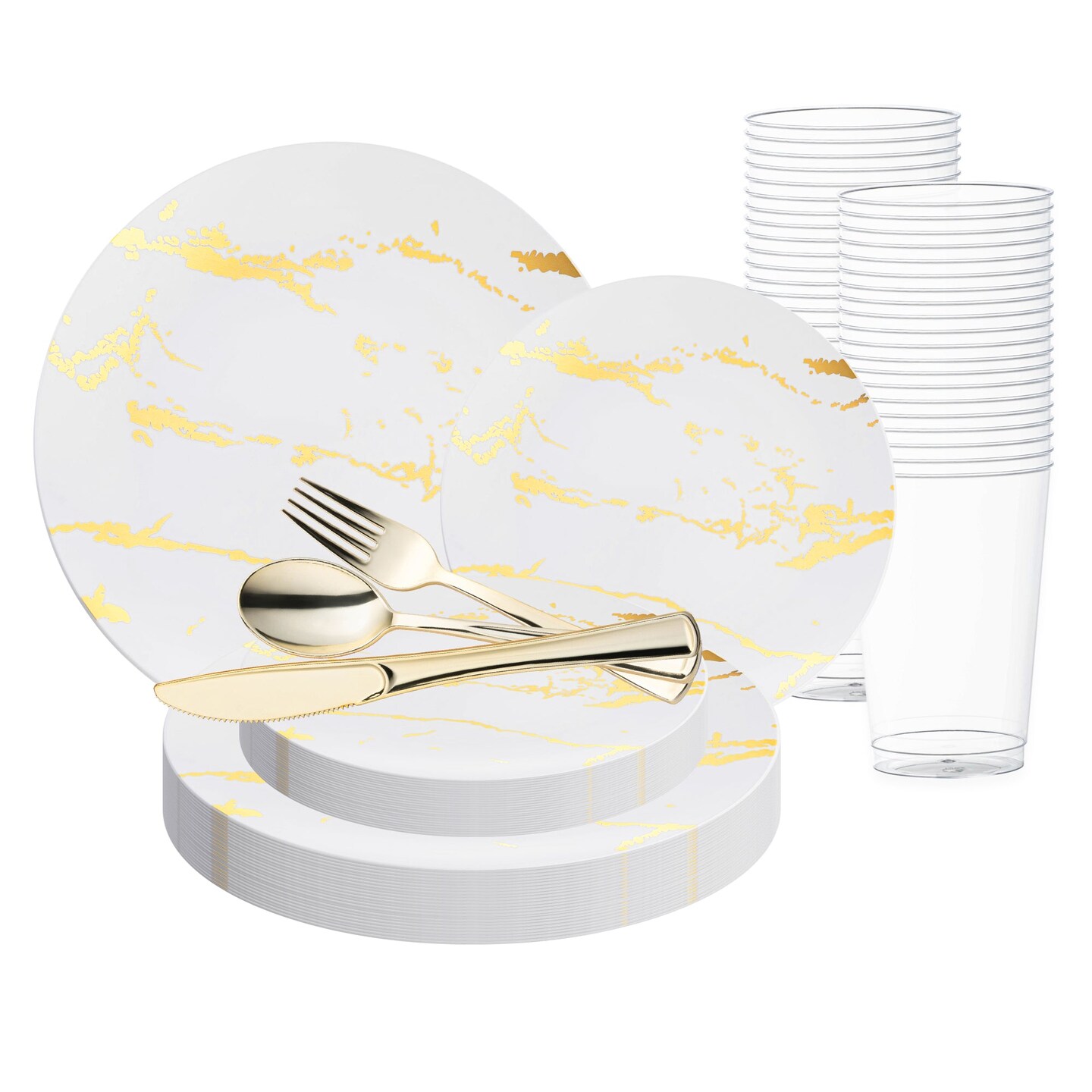 White with Gold Marble Stroke Round Disposable Plastic Wedding Value Set (120 Settings)
