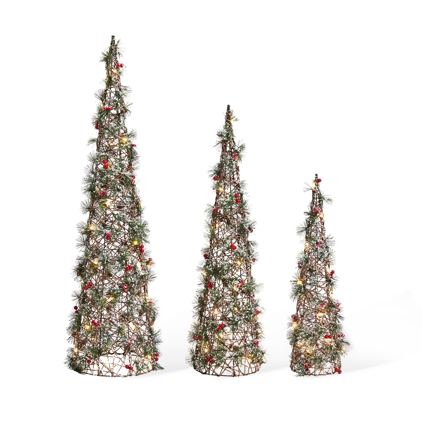 Set of 3 Lighted Christmas Plastic Cone Tree with 75 Warm White LED Lights