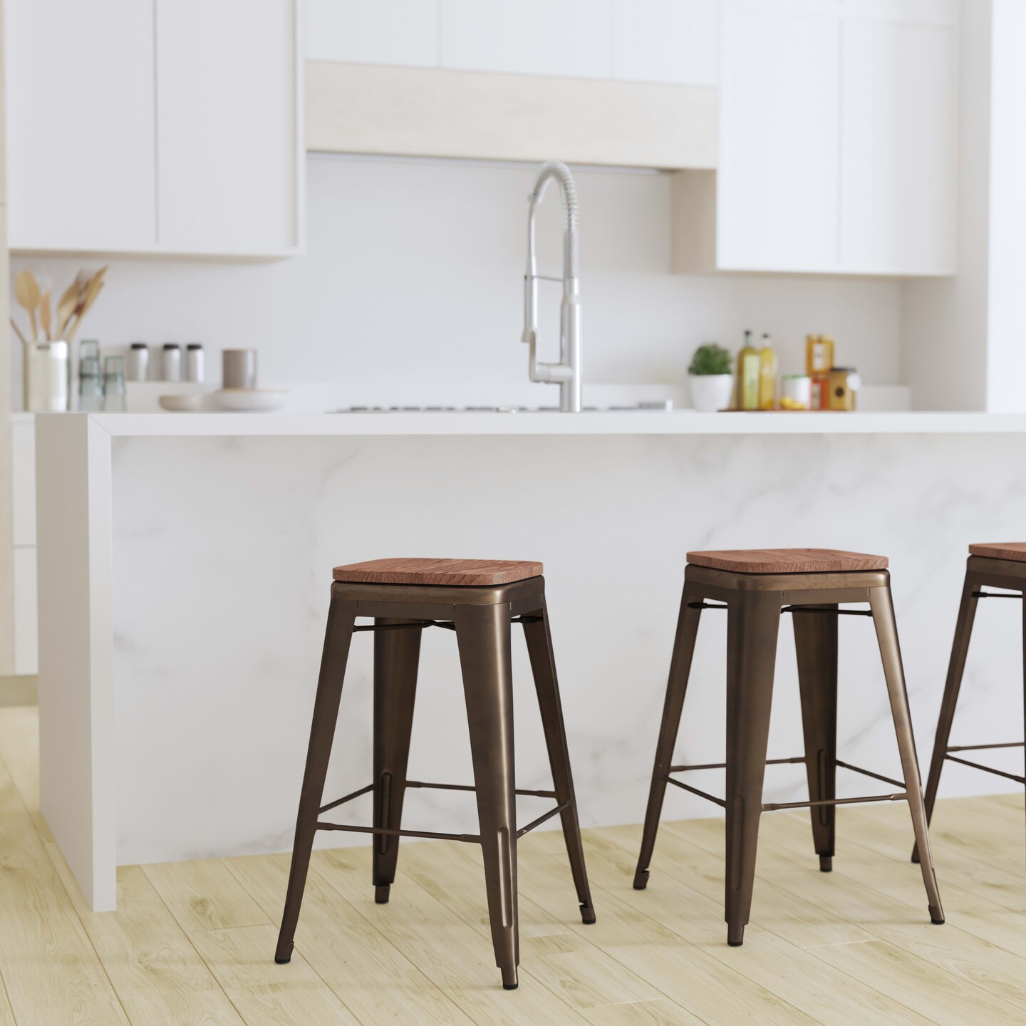 Merrick Lane Brooklyn 24 Inch Tall Stackable Metal Bar Counter Stool With Textured Elm Wood Seat In Set Of 4