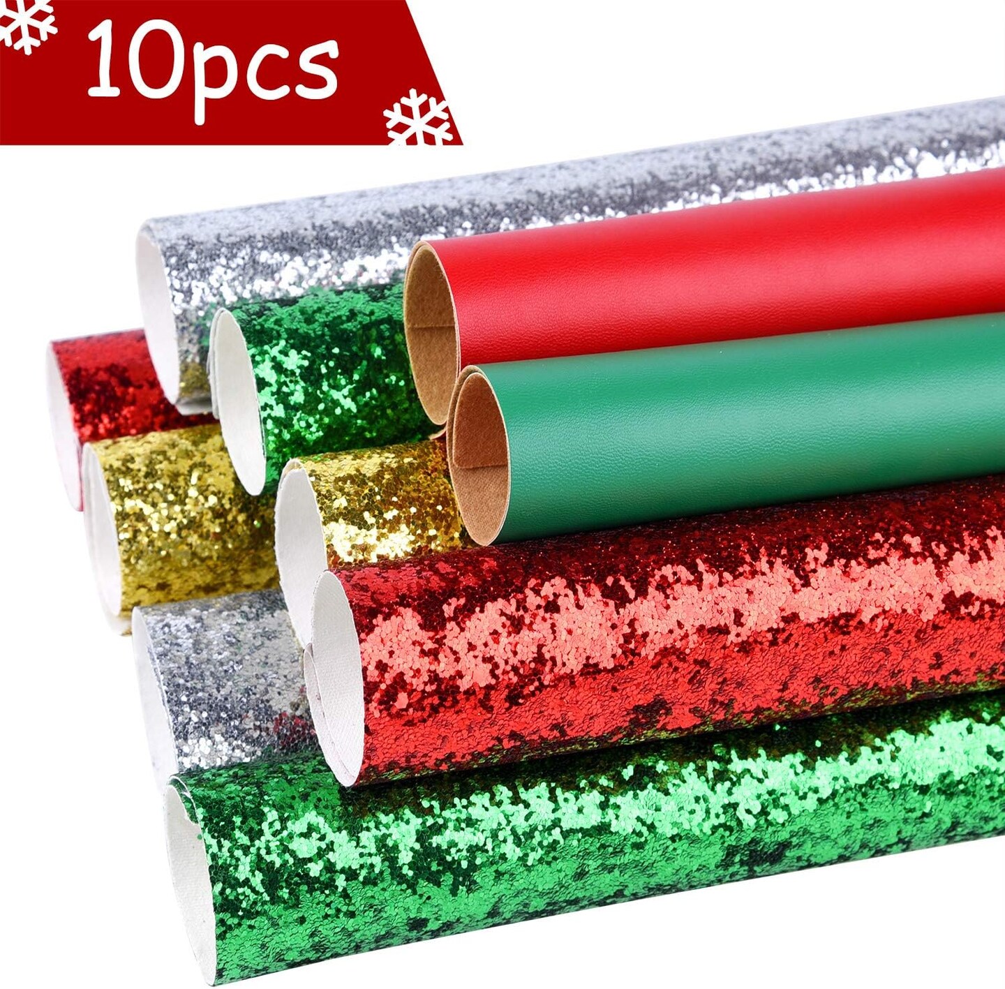 10 Pack Christmas Faux Leather Sheet 4 Colors Shining Faux Leather Sheets Metallic Glitter Leather Fabric Sheet for Making Christmas Theme Hair Bows and Earrings (8.3 x 11.8 inch)