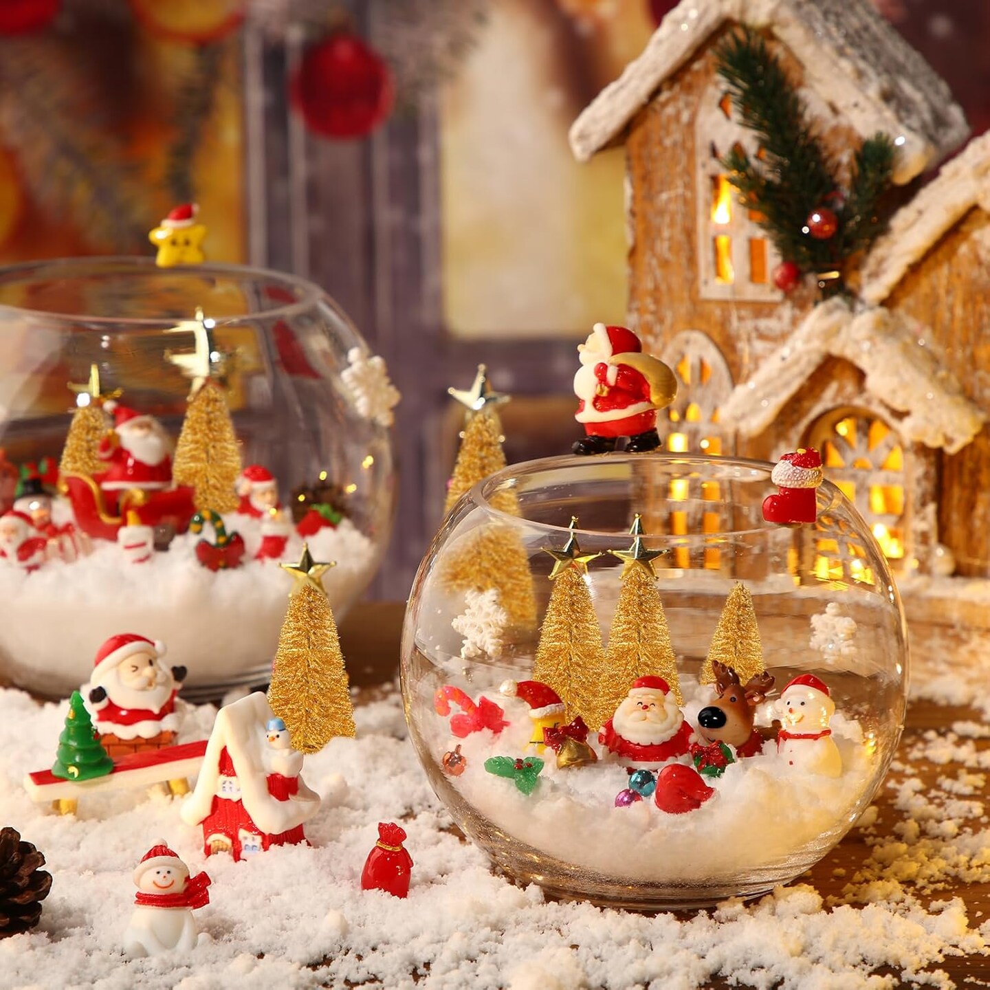 96 Pcs Miniature Ornaments for Snow Globe Kit DIY Christmas Village Decoration Christmas Figurines Mini Christmas Ornaments with Snowman Reindeer Santa Claus Snowflake(Gold)
