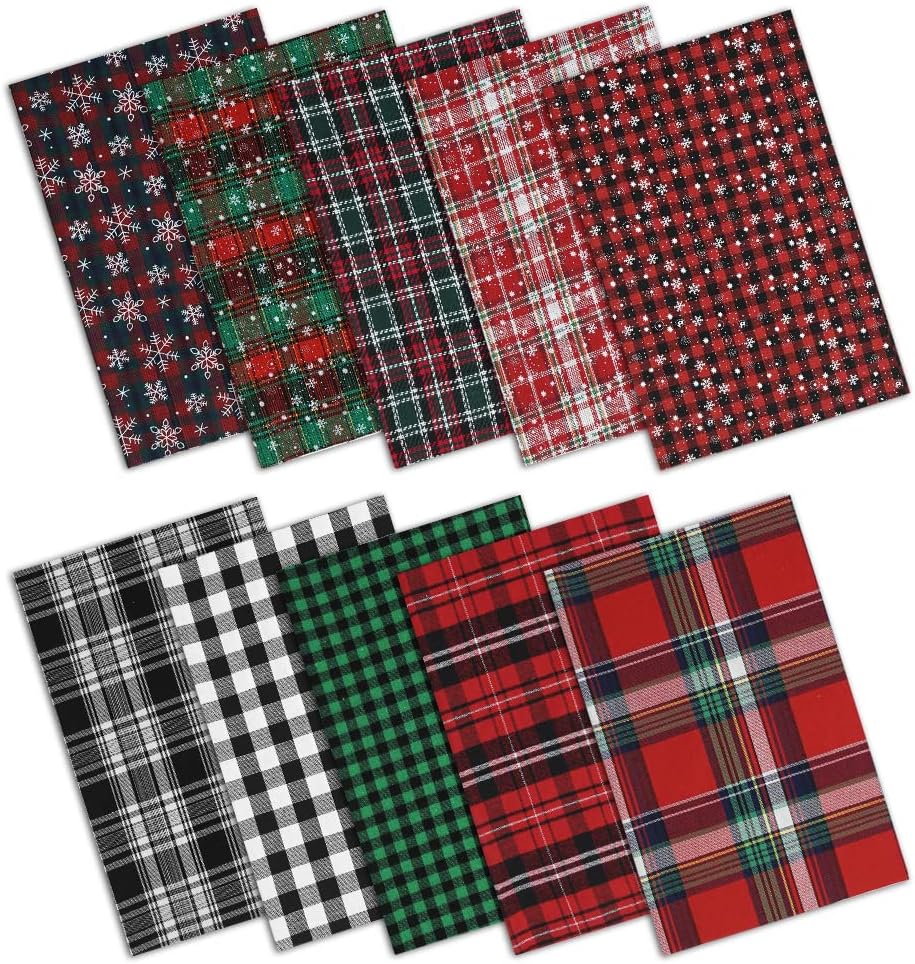 10 Pcs Christmas Plaid Bundles Quilting Fabric,16 x 20 inches Rectangle Cloth Red Green Grid Snowflake Patchwork Fabric Scraps for Christmas Decortion Candy Gift Wrapping Sewing Work DIY Craft