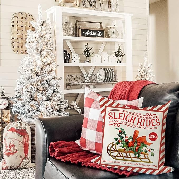 Vintage Christmas Pillow Covers 18x18 Set of 4 for Christmas Decorations, Red Retro Christmas Santa Trees Candy Cane Sleigh Rides Reindeer Rustic Country Holiday Decor Throw Pillows Cases
