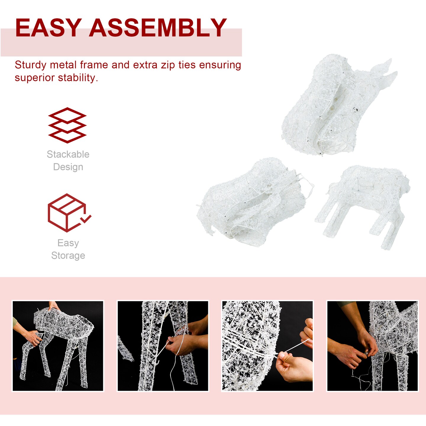 Set of 3 Lighted Christmas Crystal White 3D Reindeer Outdoor D&#xE9;cor with 240 White LED Lights