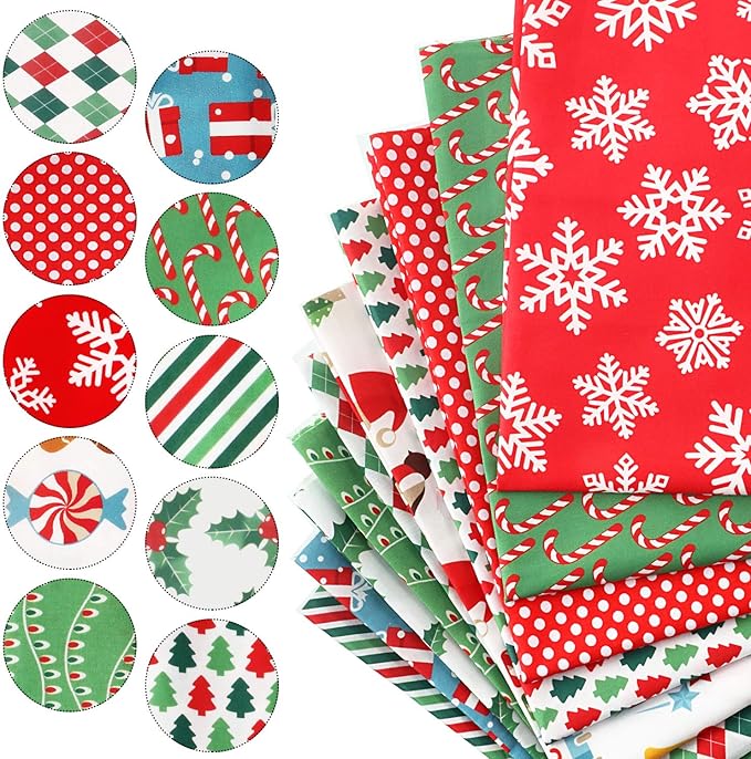 10 Pieces Christmas Cotton Fabric Squares Precut Quilting Fabric Patchwork Christmas Snowflake Print Red Green Fabric for Xmas Sewing Crafting DIY Supplies (25 x 25 cm/ 9.84 x 9.84 Inch)
