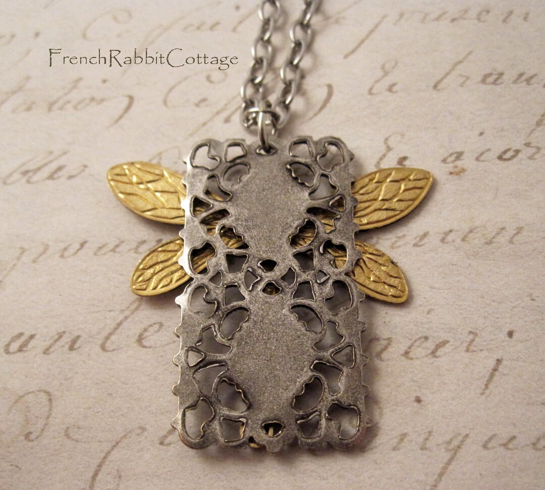 Dragonfly Filigree Necklace Pendant.  Victorian Style Statement Jewelry. Insect Bug Nature Jewelry Gift for Women. Mixed Metal Assemblage product 3