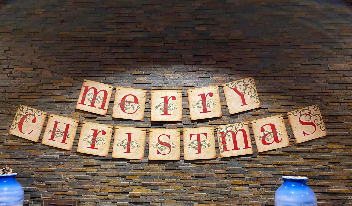 Merry Christmas Banner Vintage Xmas Banner Retro Christmas Banner Christmas Decorations Retro Nostalgic Traditional Old Fashioned Victorian Xmas Holiday Decor for home mantel Fireplace