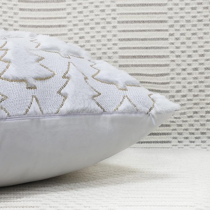Christmas Tree Decorative Pillow Covers 18x18 Set of 2, White Soft Plush Faux Fur Farmhouse Throw Cushion Cases for Xmas Winter Holiday Home Decorations