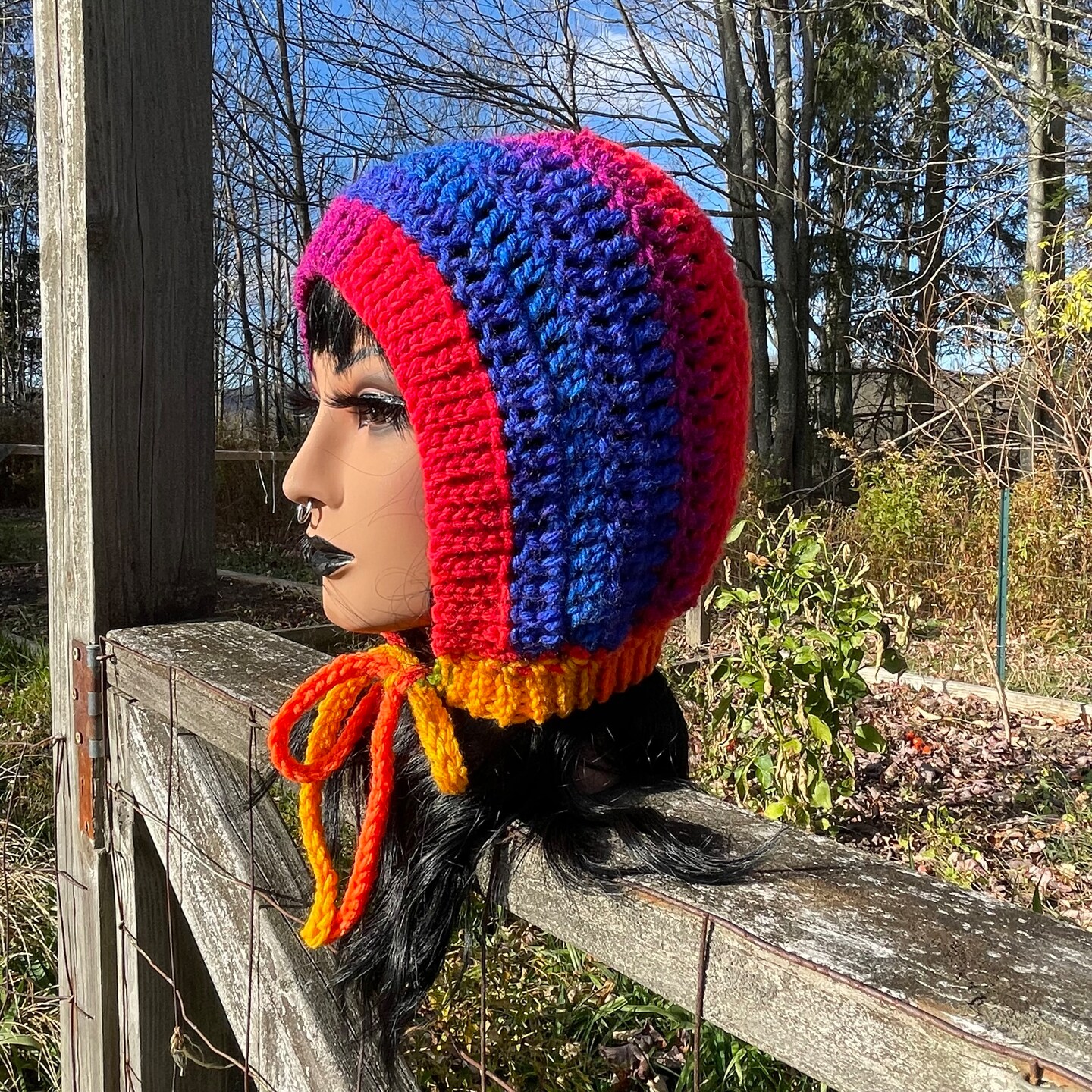 Crochet Adult Bonnet - rainbow colored winter hat | MakerPlace by Michaels, image size:1080x1080