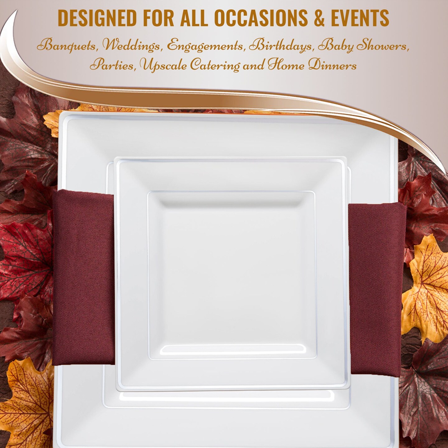 White with Silver Square Edge Rim Plastic Dinner Plates - 9.5" (120 Plates)